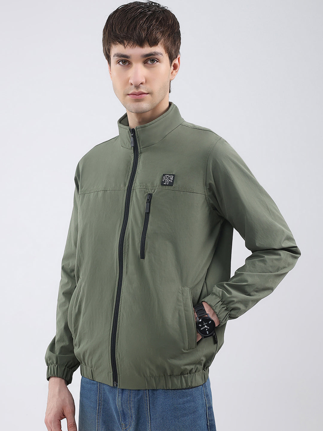 Rock.it Men Green Solid Mock Neck Full Sleeve Jacket