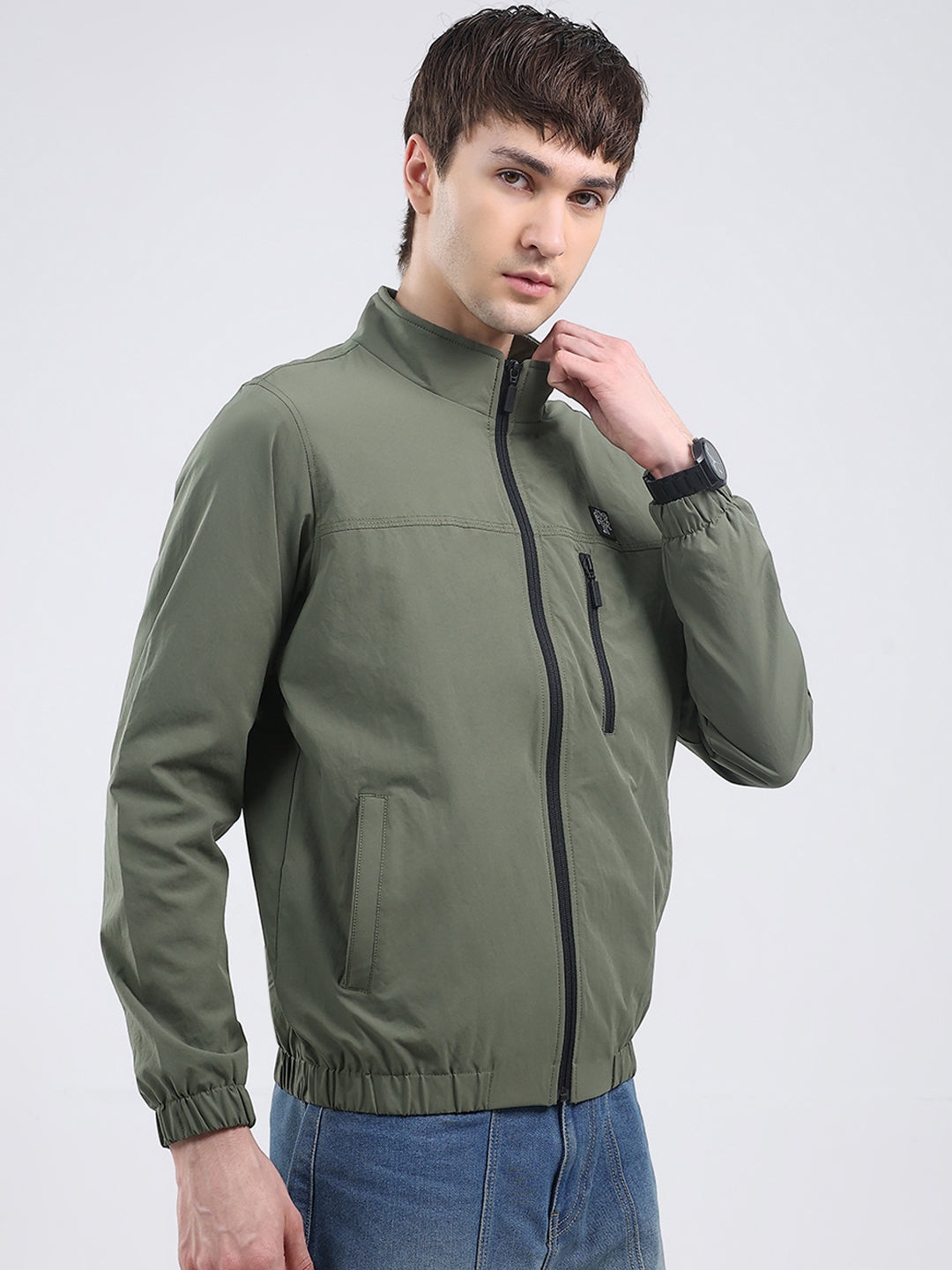 Rock.it Men Green Solid Mock Neck Full Sleeve Jacket