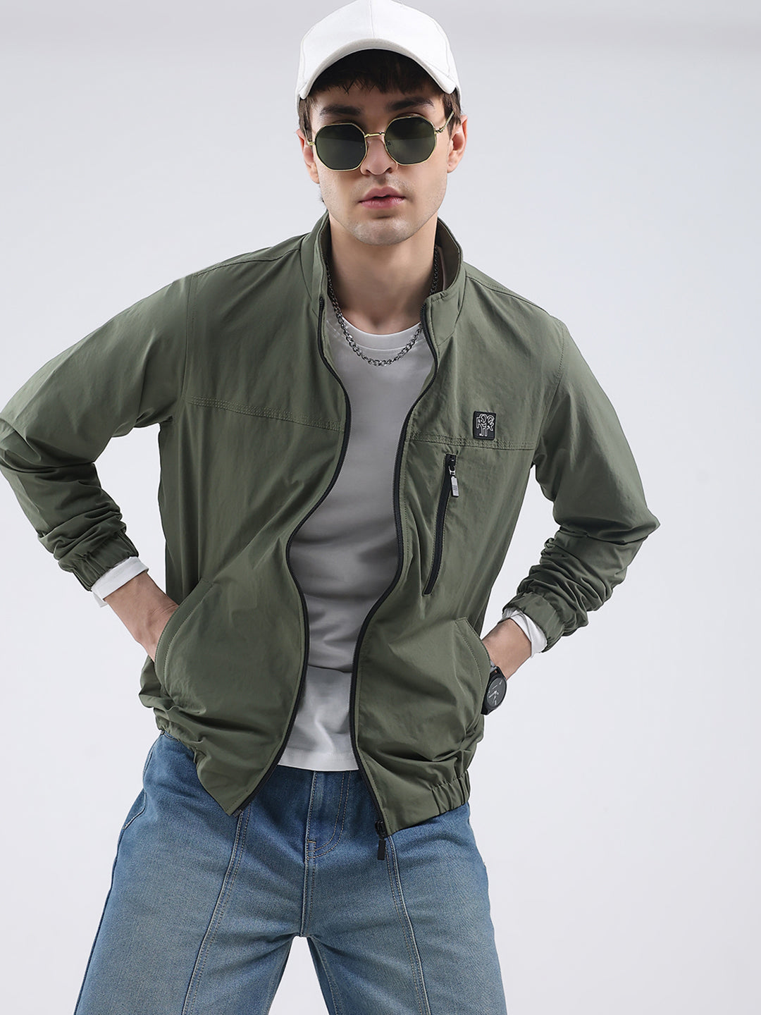 Rock.it Men Green Solid Mock Neck Full Sleeve Jacket