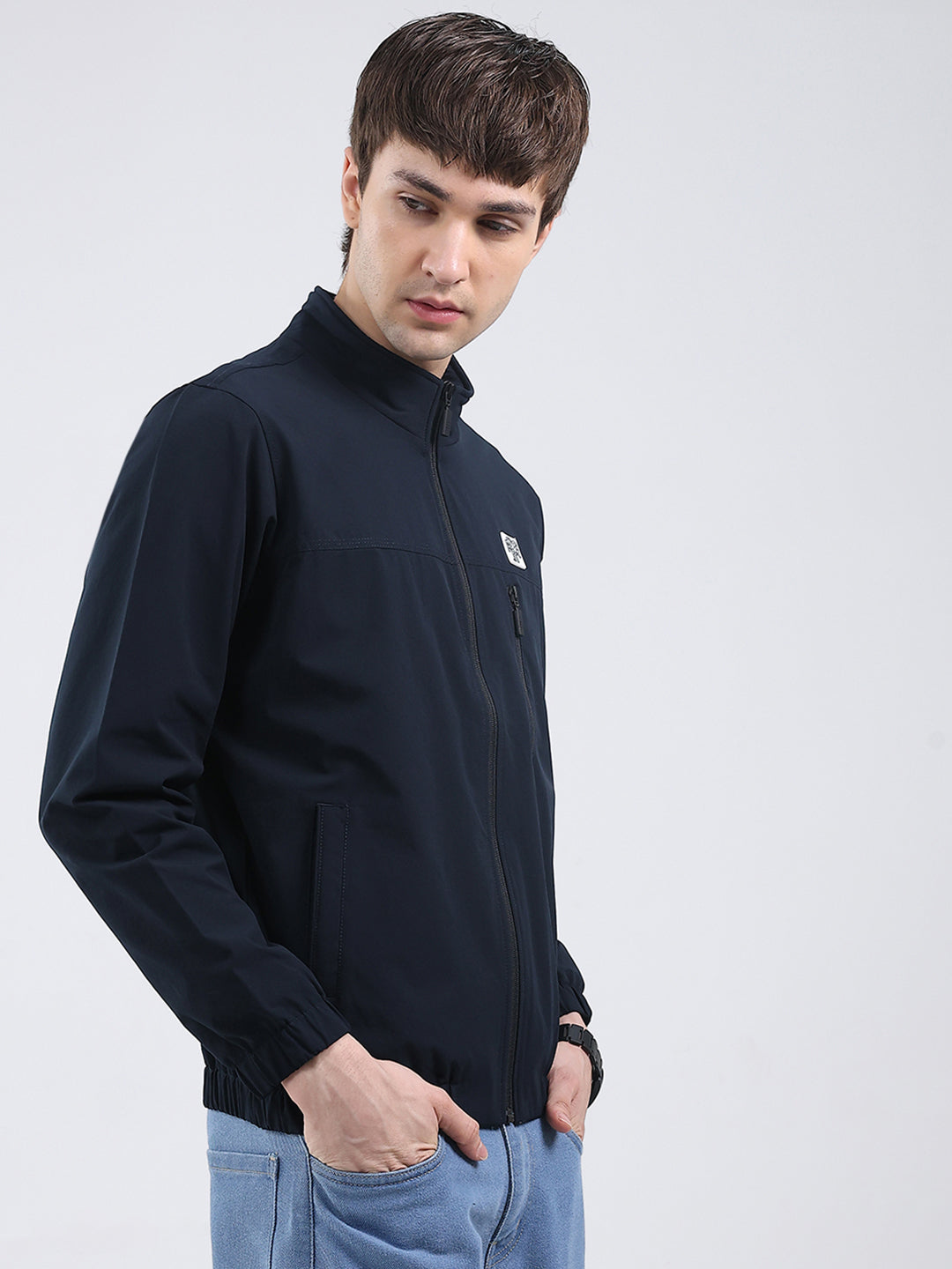 Rock.it Men Navy Blue Solid Mock Neck Full Sleeve Jacket