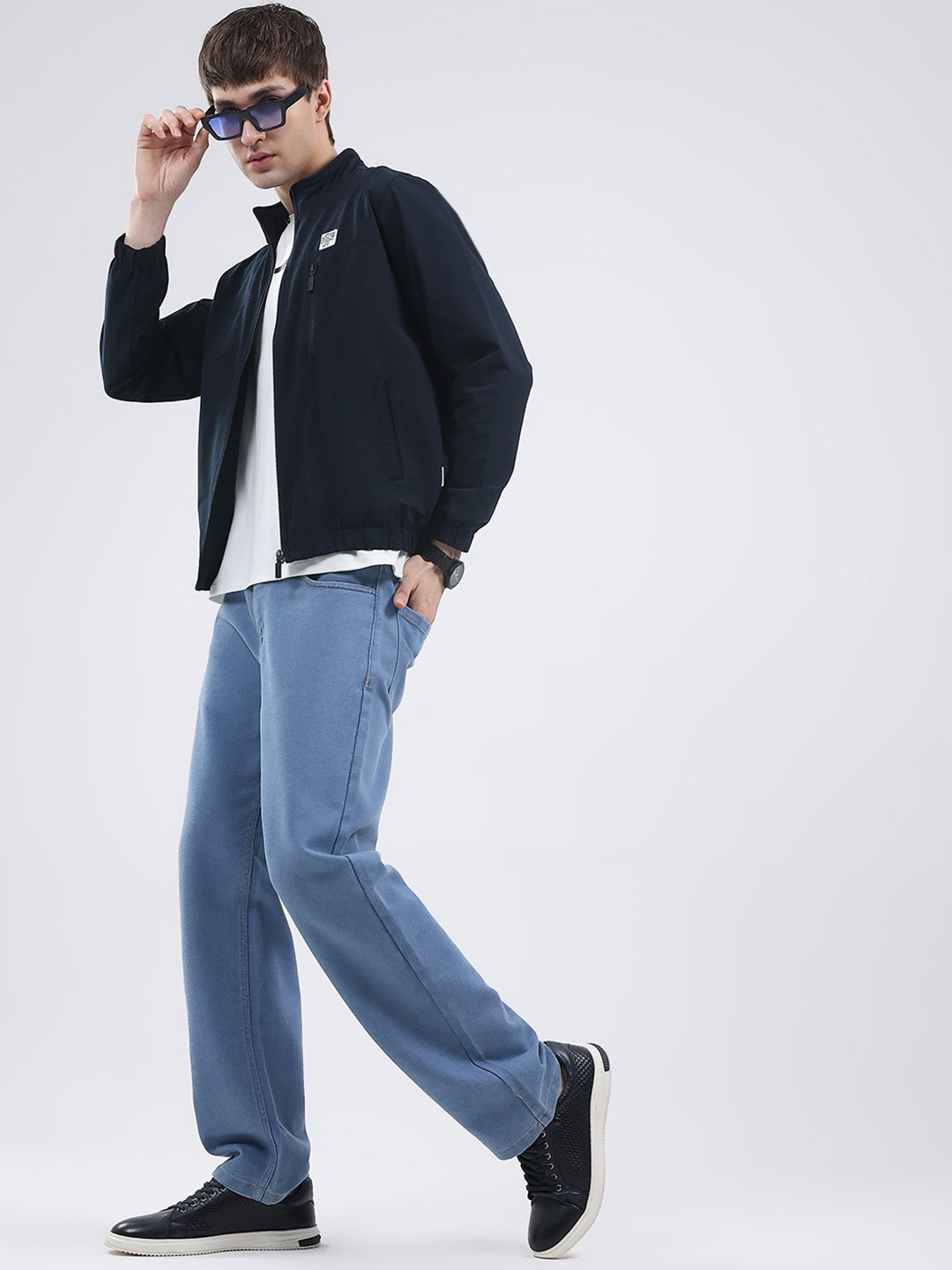 Rock.it Men Navy Blue Solid Mock Neck Full Sleeve Jacket