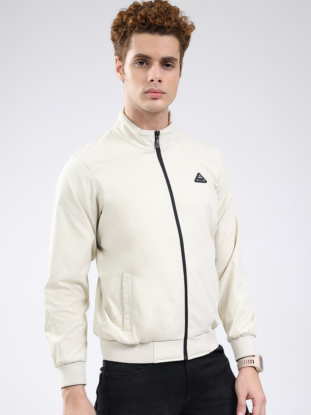 Rock.it Men Cream Solid Mock Neck Full Sleeve Jacket