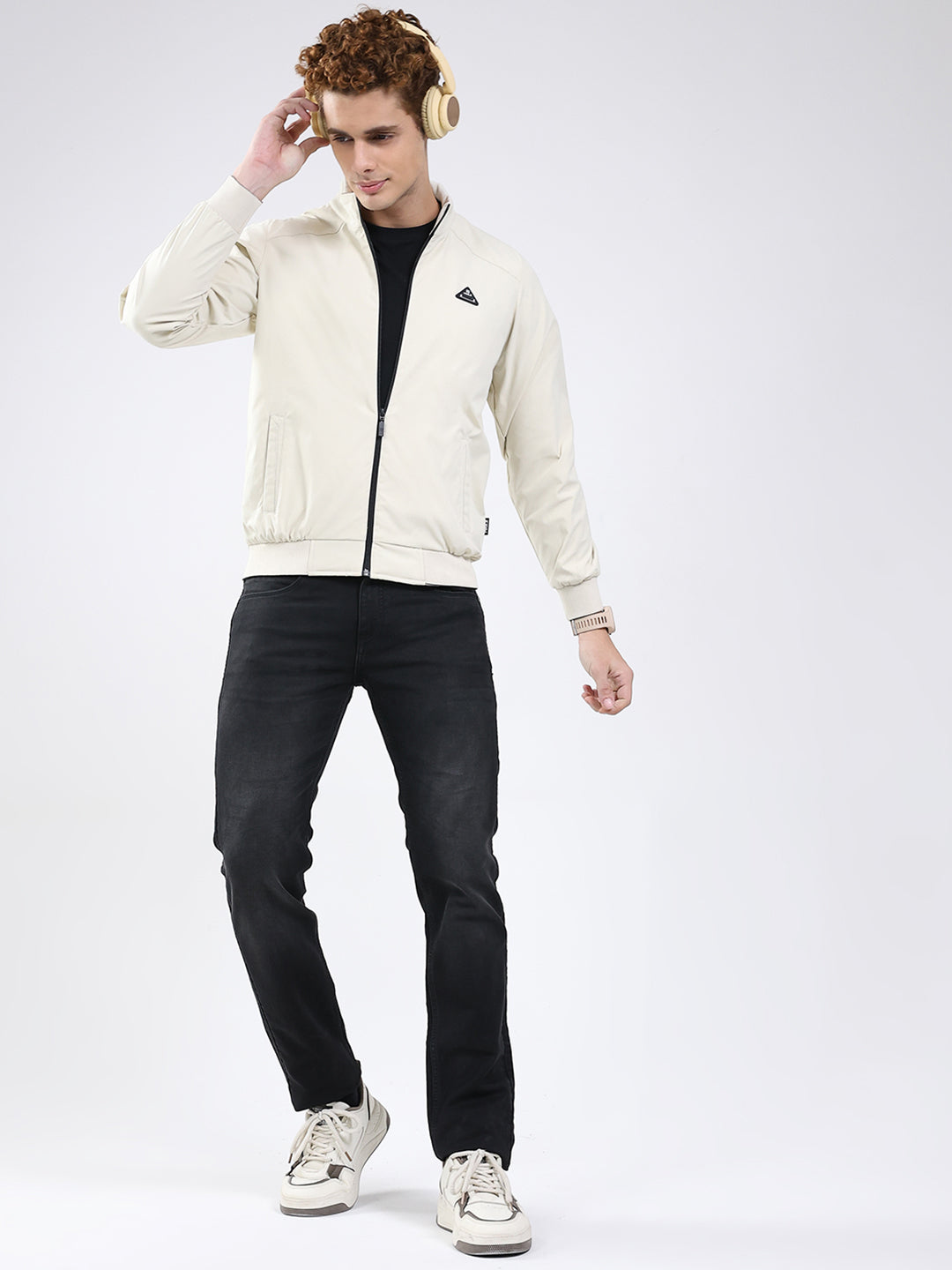 Rock.it Men Cream Solid Mock Neck Full Sleeve Jacket