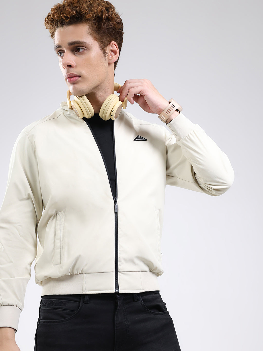 Rock.it Men Cream Solid Mock Neck Full Sleeve Jacket