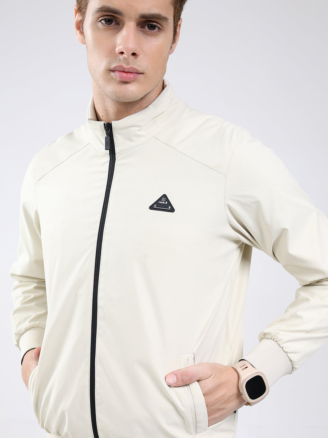 Rock.it Men Cream Solid Mock Neck Full Sleeve Jacket