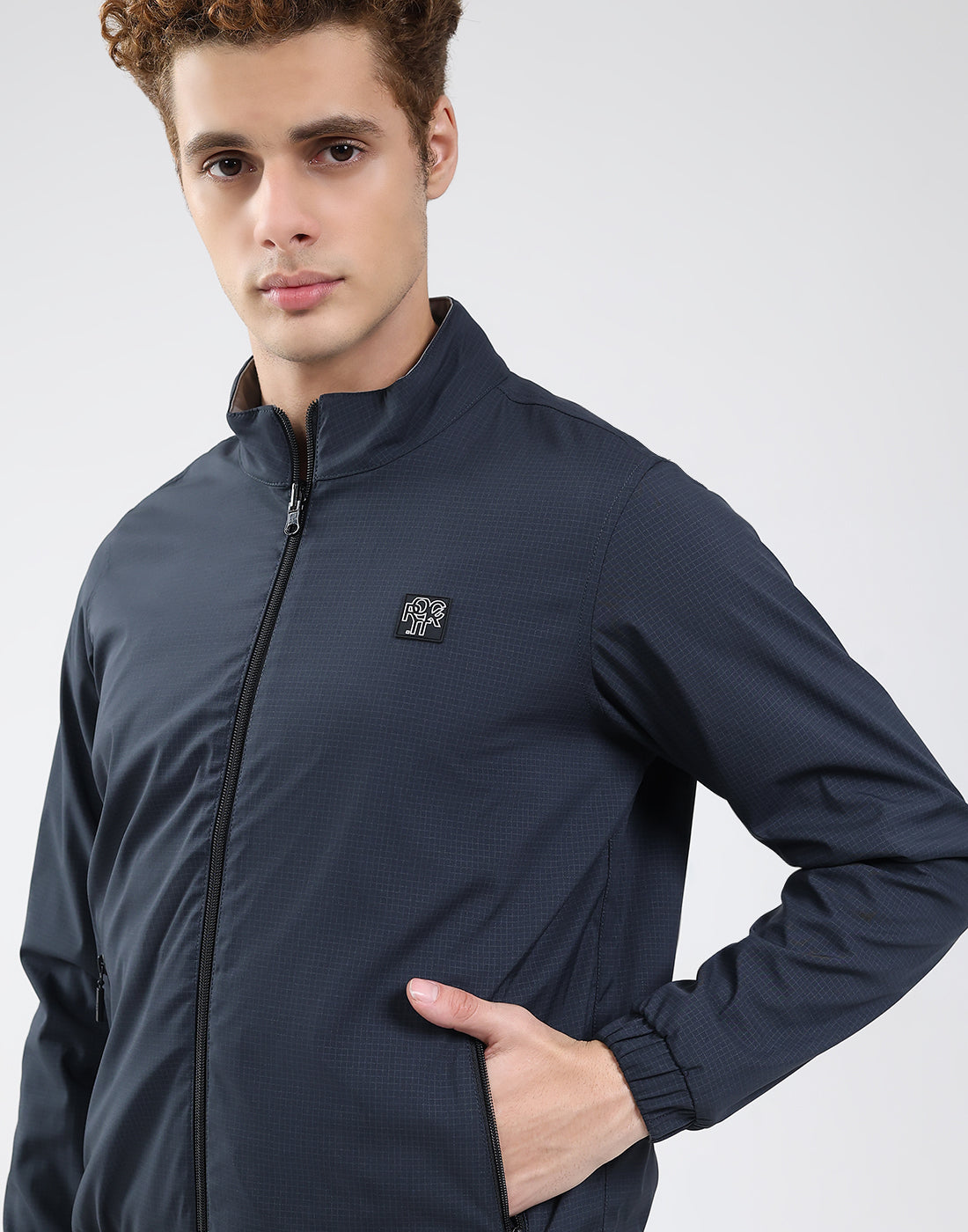 Rock.it Men Navy Blue Solid Mock Neck Full Sleeve Jacket