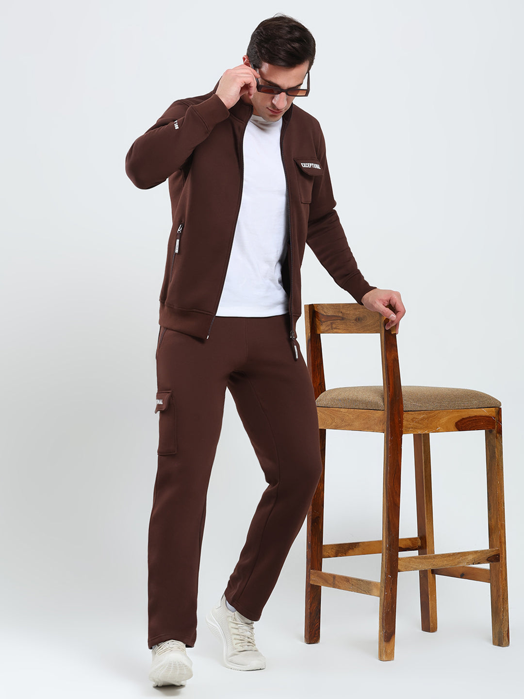 Rock.it Men Brown Solid Mock Neck Full Sleeve Winter Tracksuit