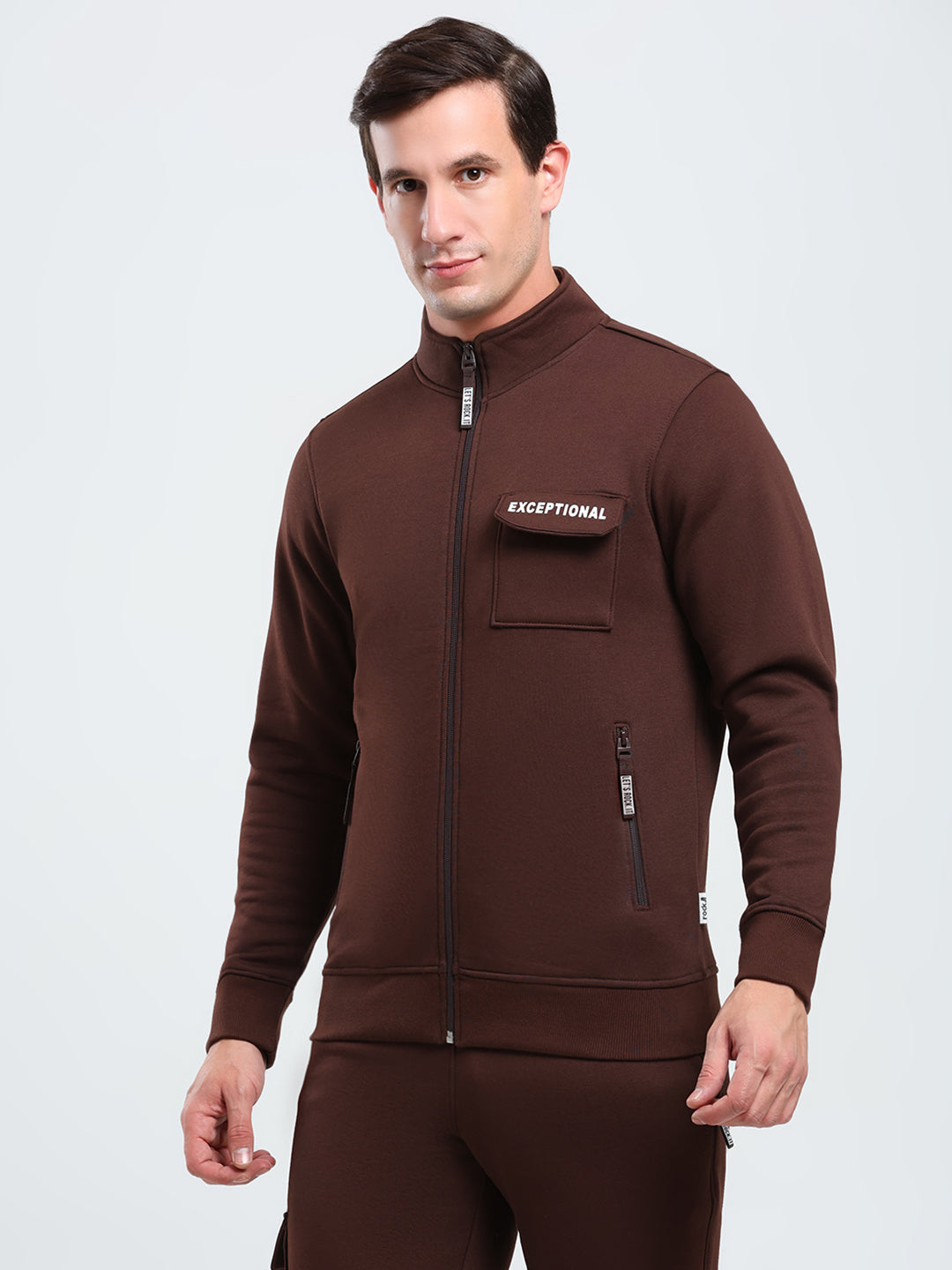 Rock.it Men Brown Solid Mock Neck Full Sleeve Winter Tracksuit