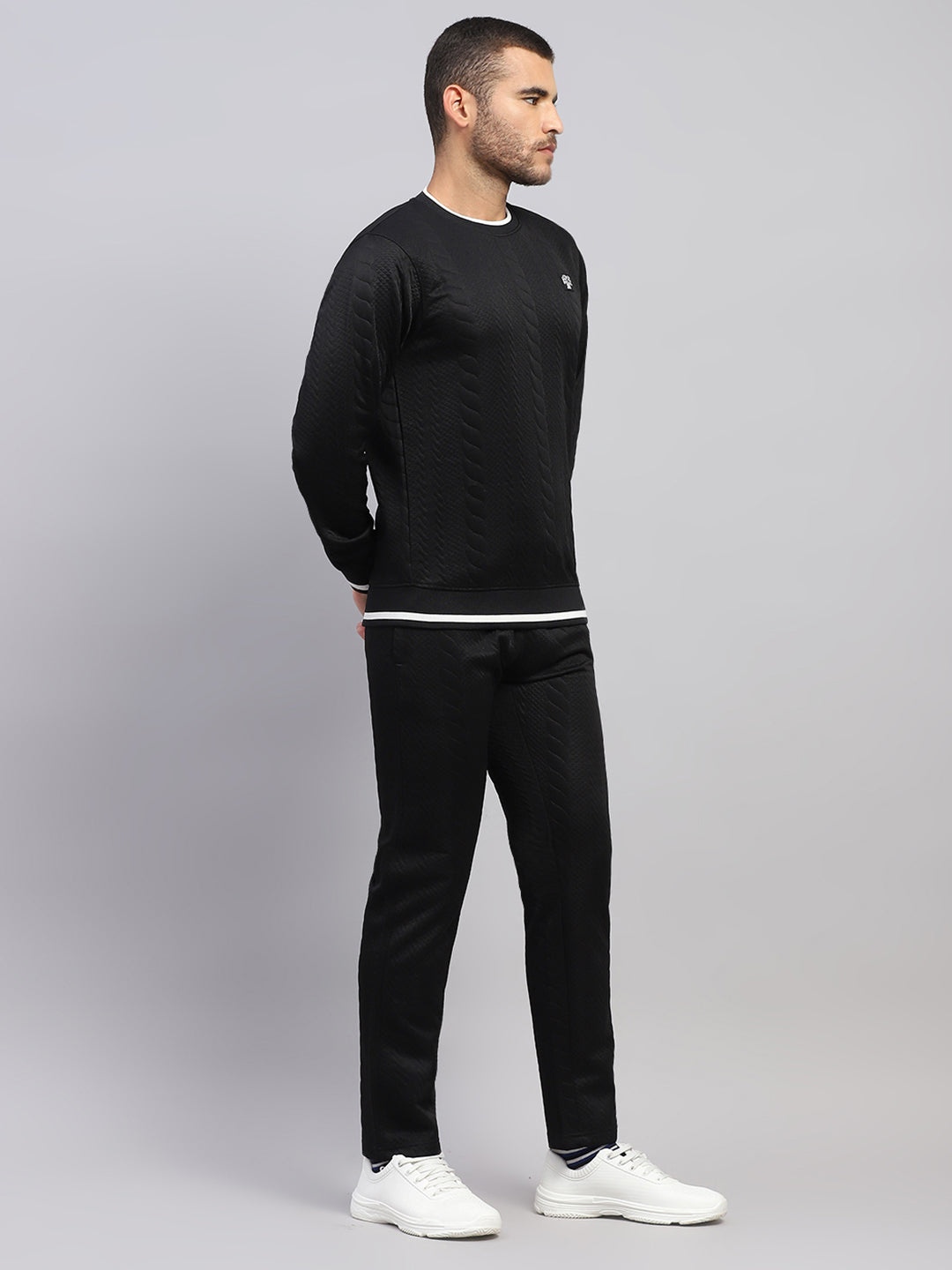 Rock.it Men Black Self Design Round Neck Sleeveless Winter Tracksuit