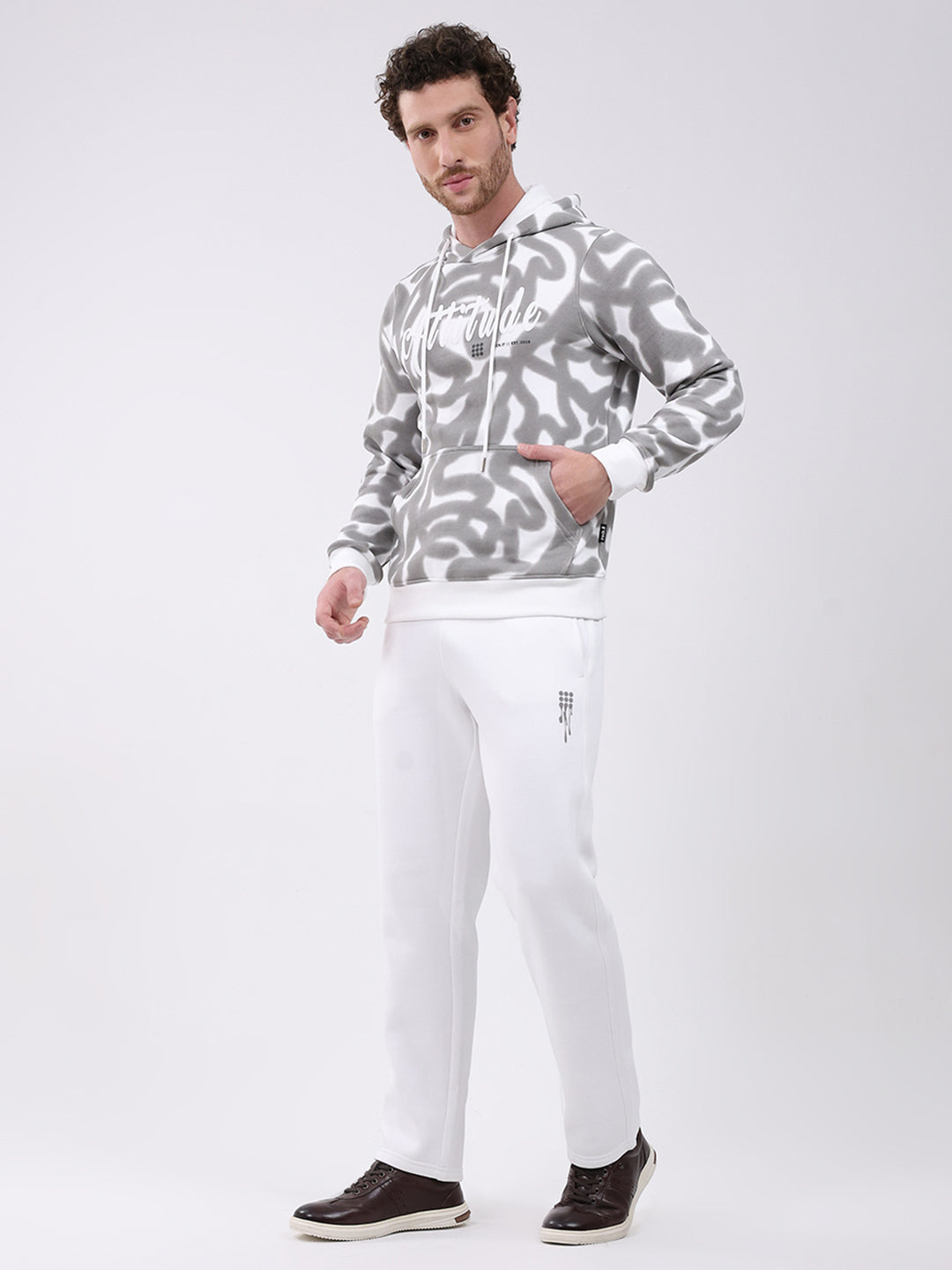 Rock.it Men White Printed Hooded Full Sleeve Winter Tracksuit