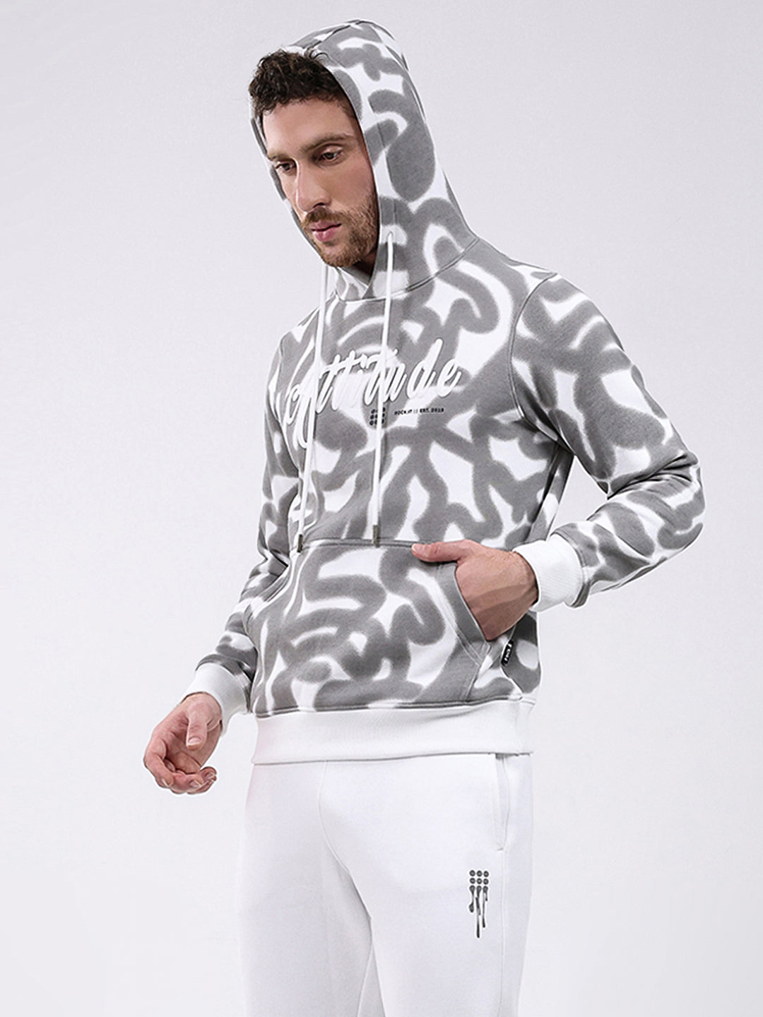 Rock.it Men White Printed Hooded Full Sleeve Winter Tracksuit