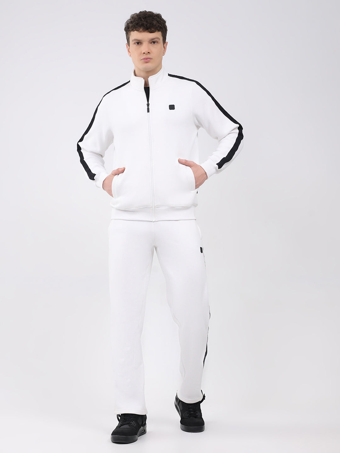 Rock.it Men White Solid Round Neck Full Sleeve Winter Tracksuit