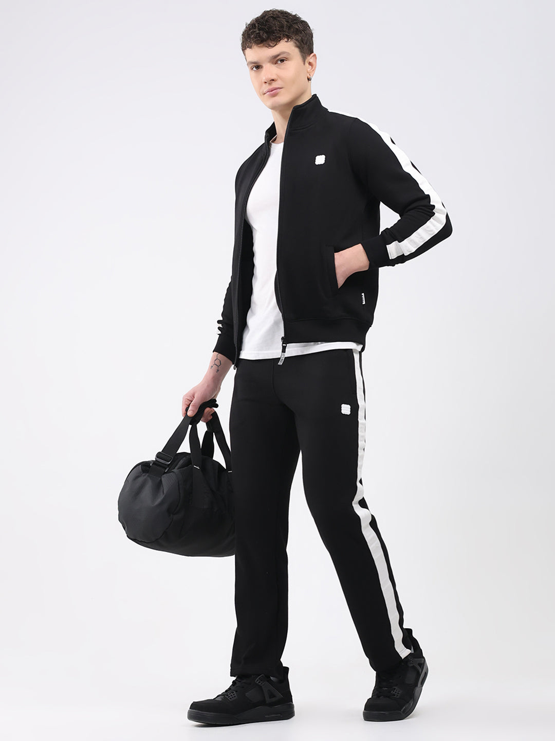 Rock.it Men Black Solid Round Neck Full Sleeve Winter Tracksuit