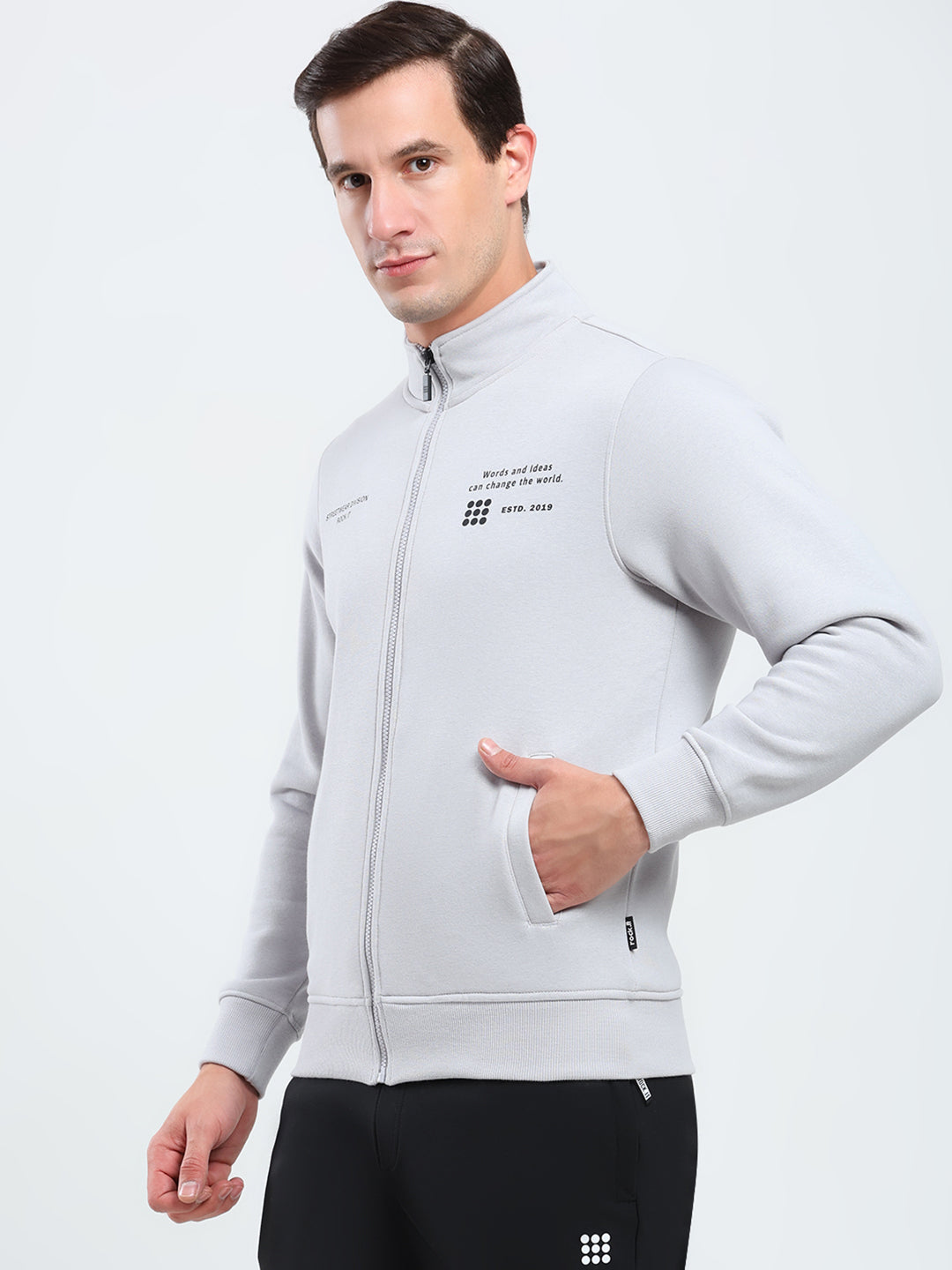 Rock.it Men Grey Solid Mock Neck Full Sleeve Sweatshirt