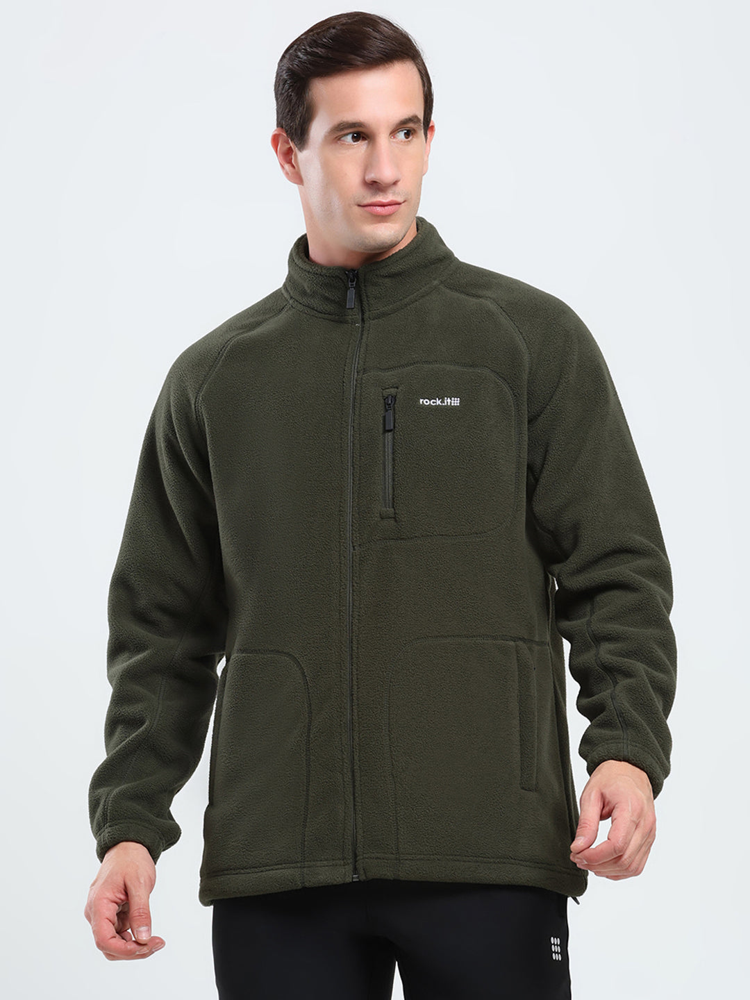 Rock.it Men Olive Solid Mock Neck Full Sleeve Sweatshirt