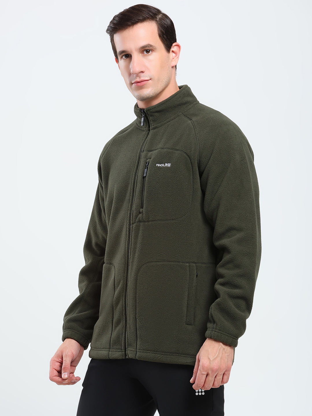 Rock.it Men Olive Solid Mock Neck Full Sleeve Sweatshirt