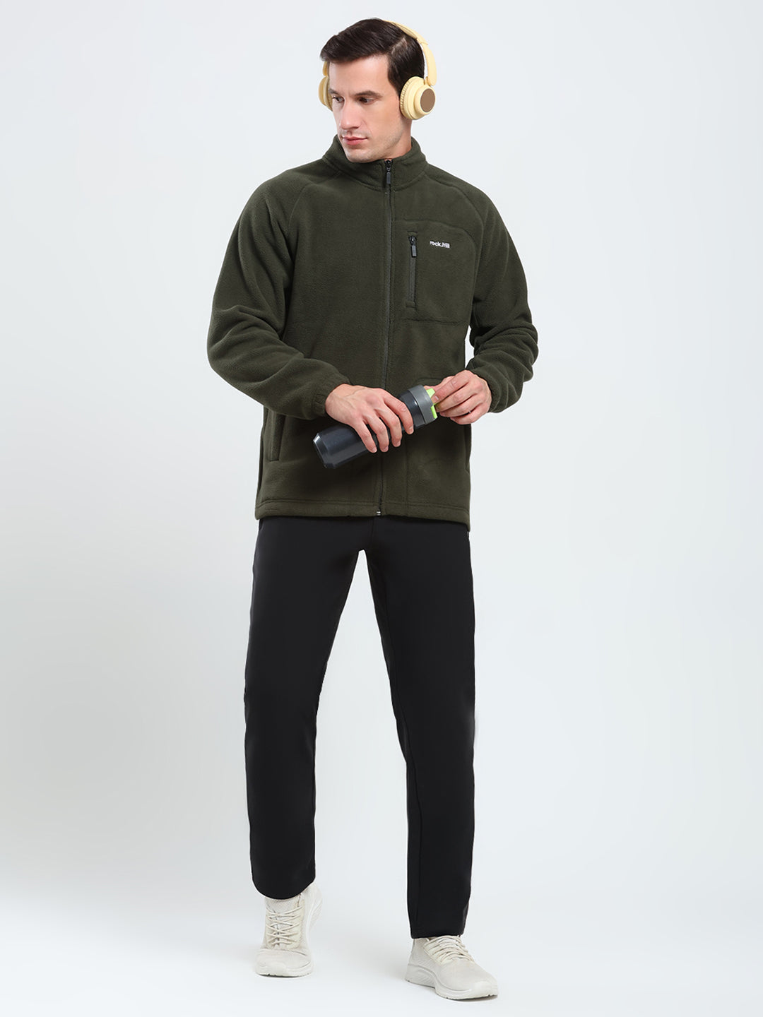 Rock.it Men Olive Solid Mock Neck Full Sleeve Sweatshirt