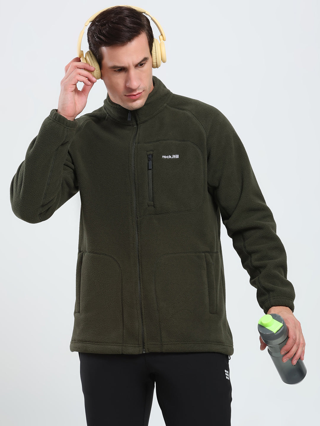 Rock.it Men Olive Solid Mock Neck Full Sleeve Sweatshirt