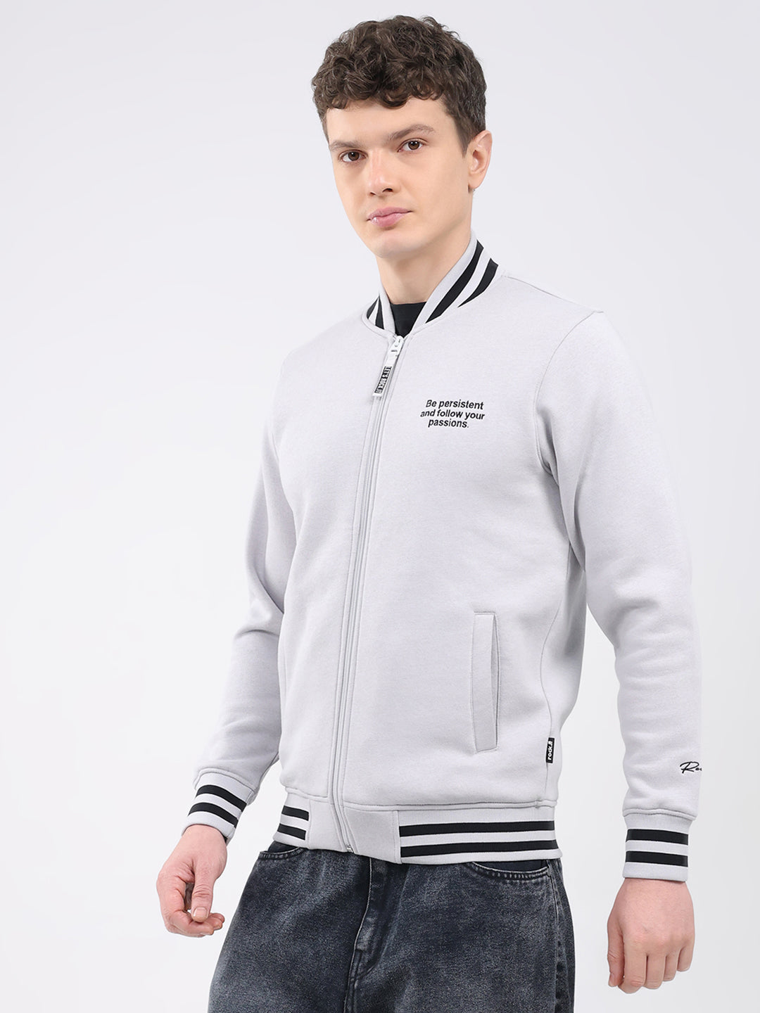 Rock.it Men Grey Solid Band Neck Full Sleeve Sweatshirt