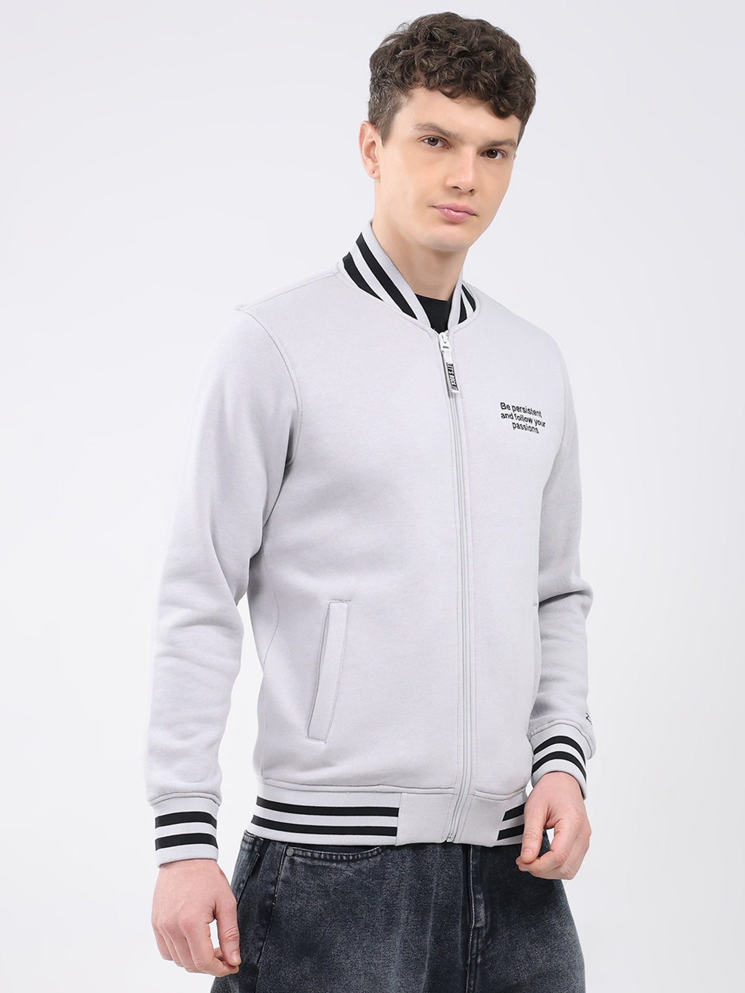 Rock.it Men Grey Solid Band Neck Full Sleeve Sweatshirt