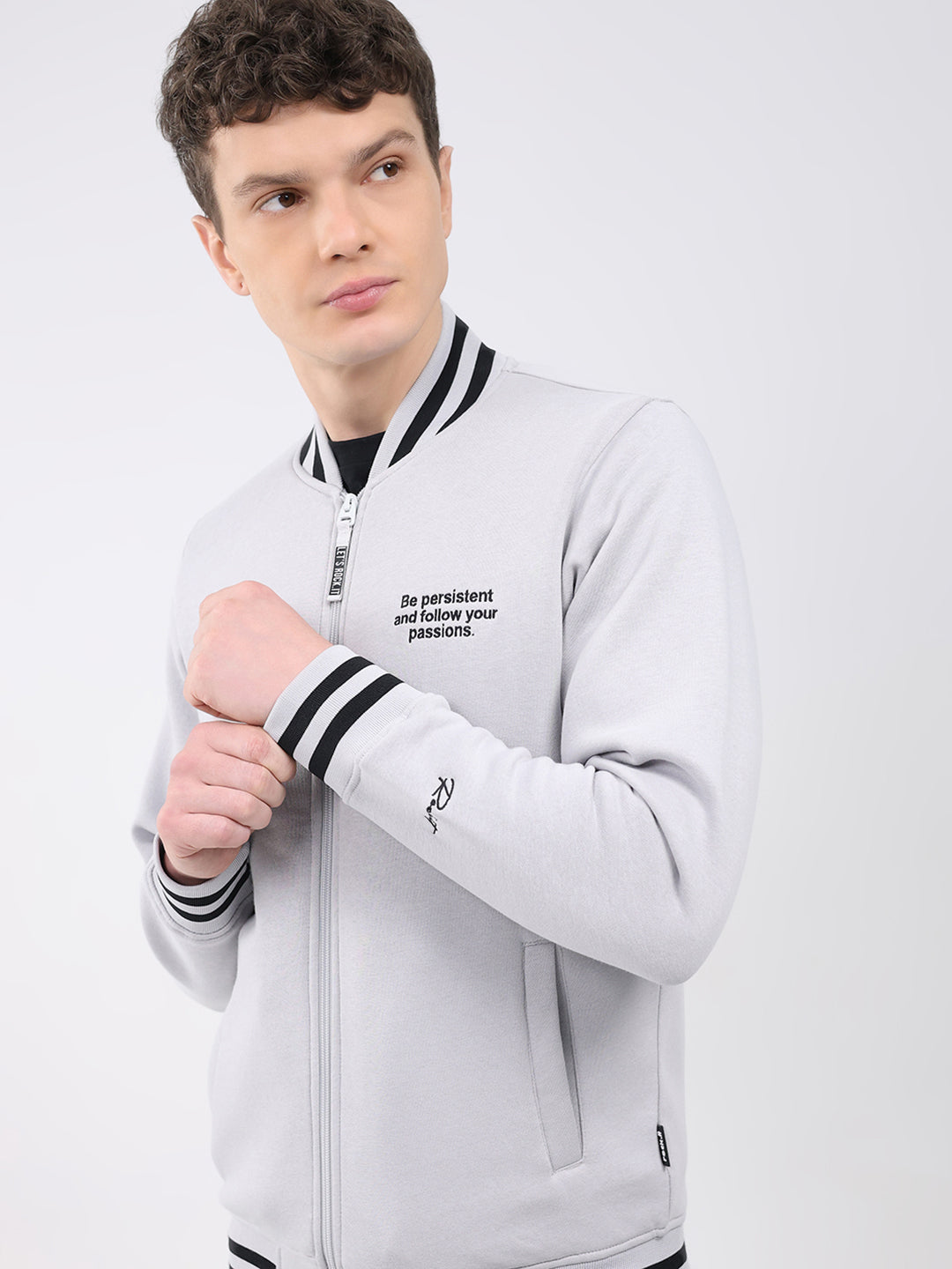Rock.it Men Grey Solid Band Neck Full Sleeve Sweatshirt