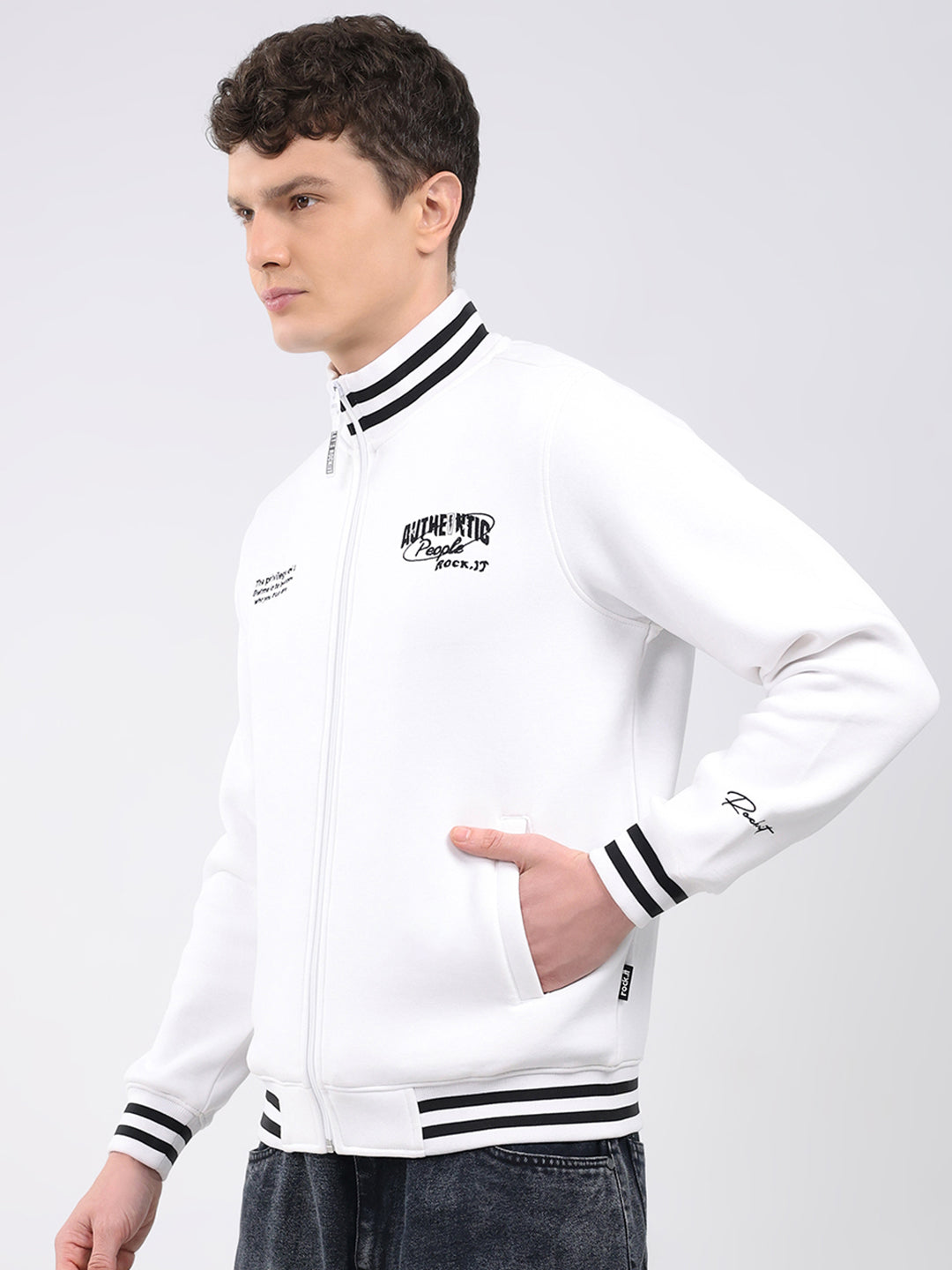 Rock.it Men White Embroidered T Neck Full Sleeve Sweatshirt