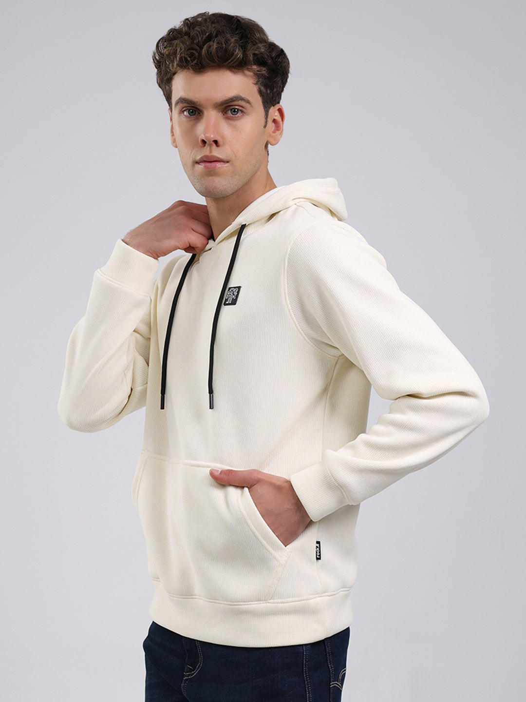 Rock.it Men Off White Solid Hooded Full Sleeve Sweatshirt