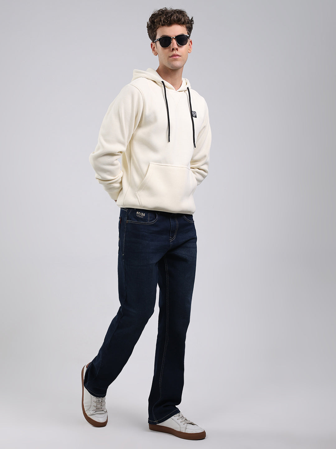 Rock.it Men Off White Solid Hooded Full Sleeve Sweatshirt