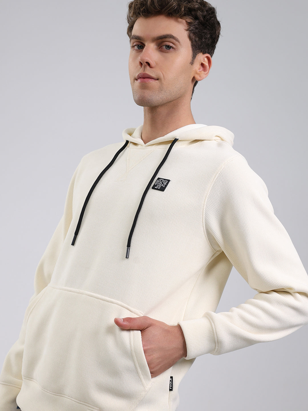 Rock.it Men Off White Solid Hooded Full Sleeve Sweatshirt