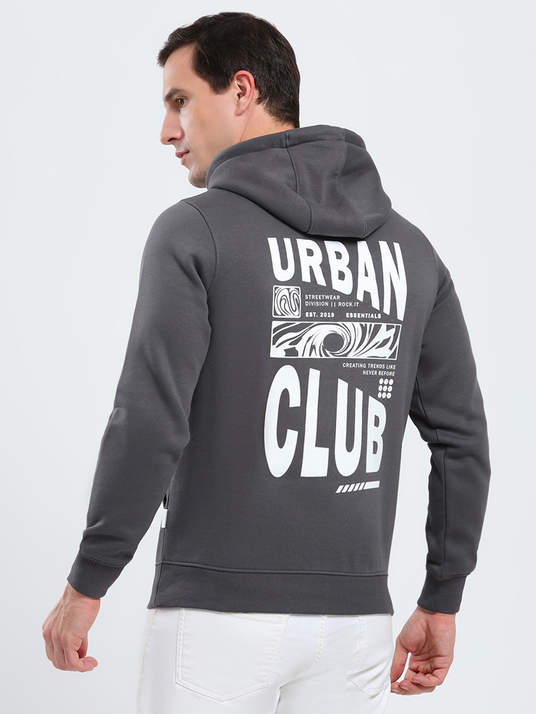 Rock.it Men Grey Printed Hooded Full Sleeve Sweatshirt