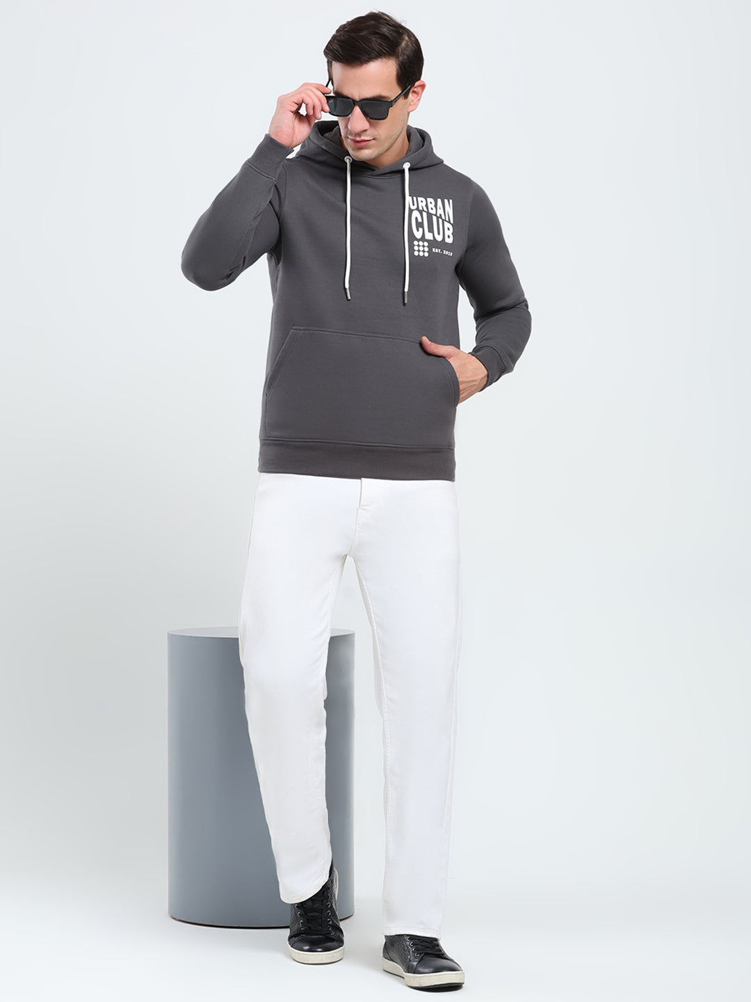 Rock.it Men Grey Printed Hooded Full Sleeve Sweatshirt