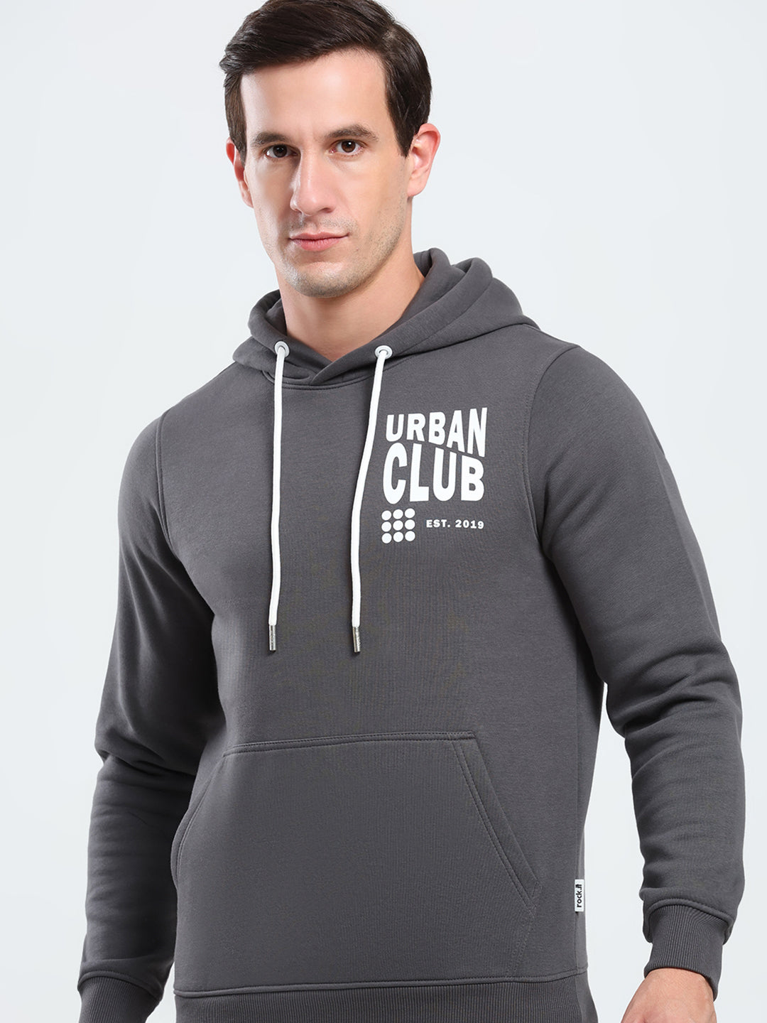 Rock.it Men Grey Printed Hooded Full Sleeve Sweatshirt