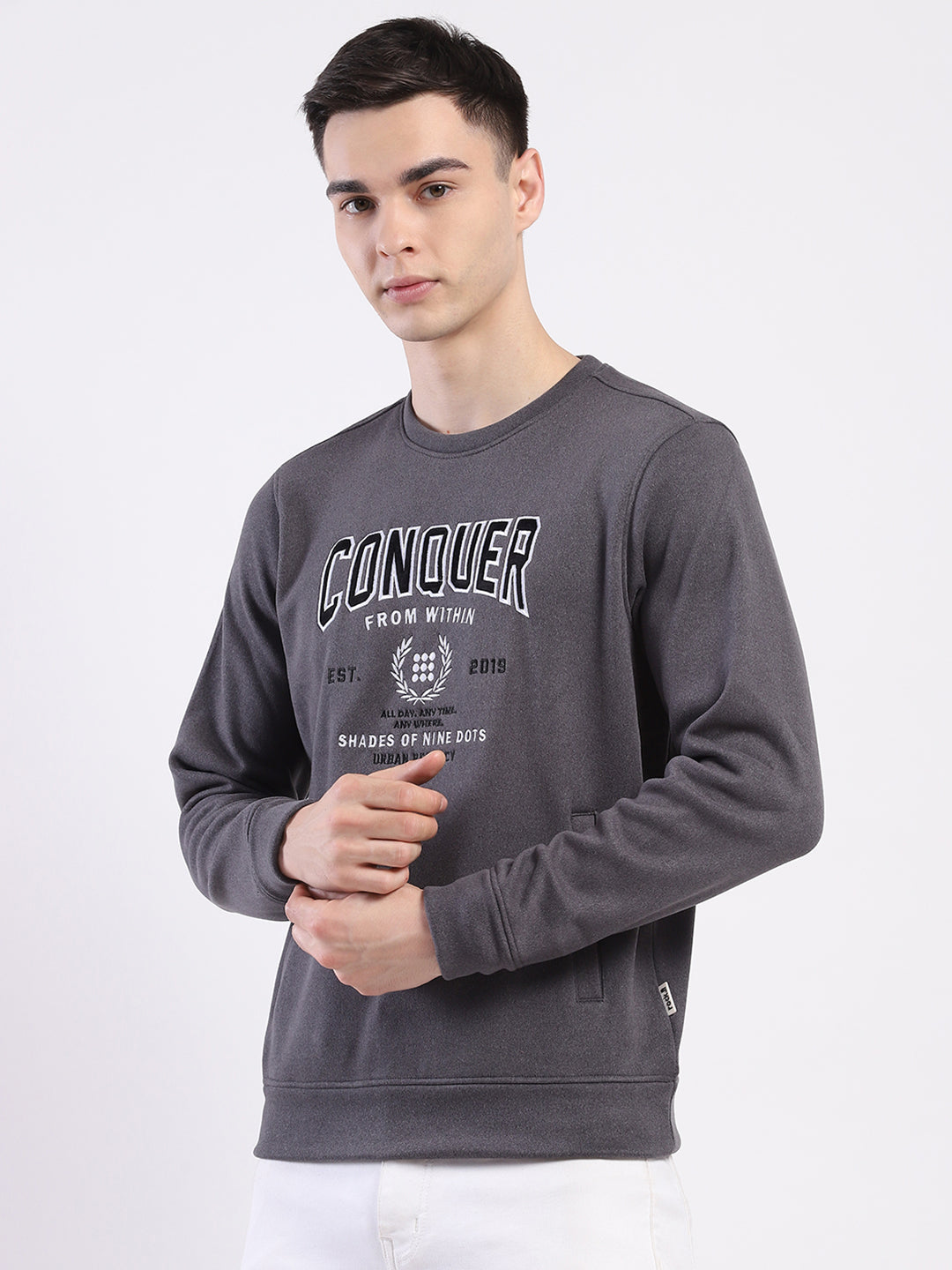 Rock.it Men Charcoal Printed Round Neck Full Sleeve Sweatshirt