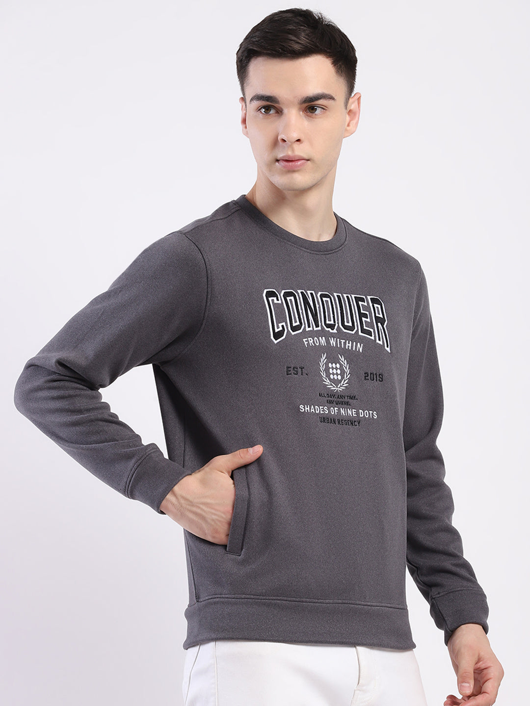 Rock.it Men Charcoal Printed Round Neck Full Sleeve Sweatshirt