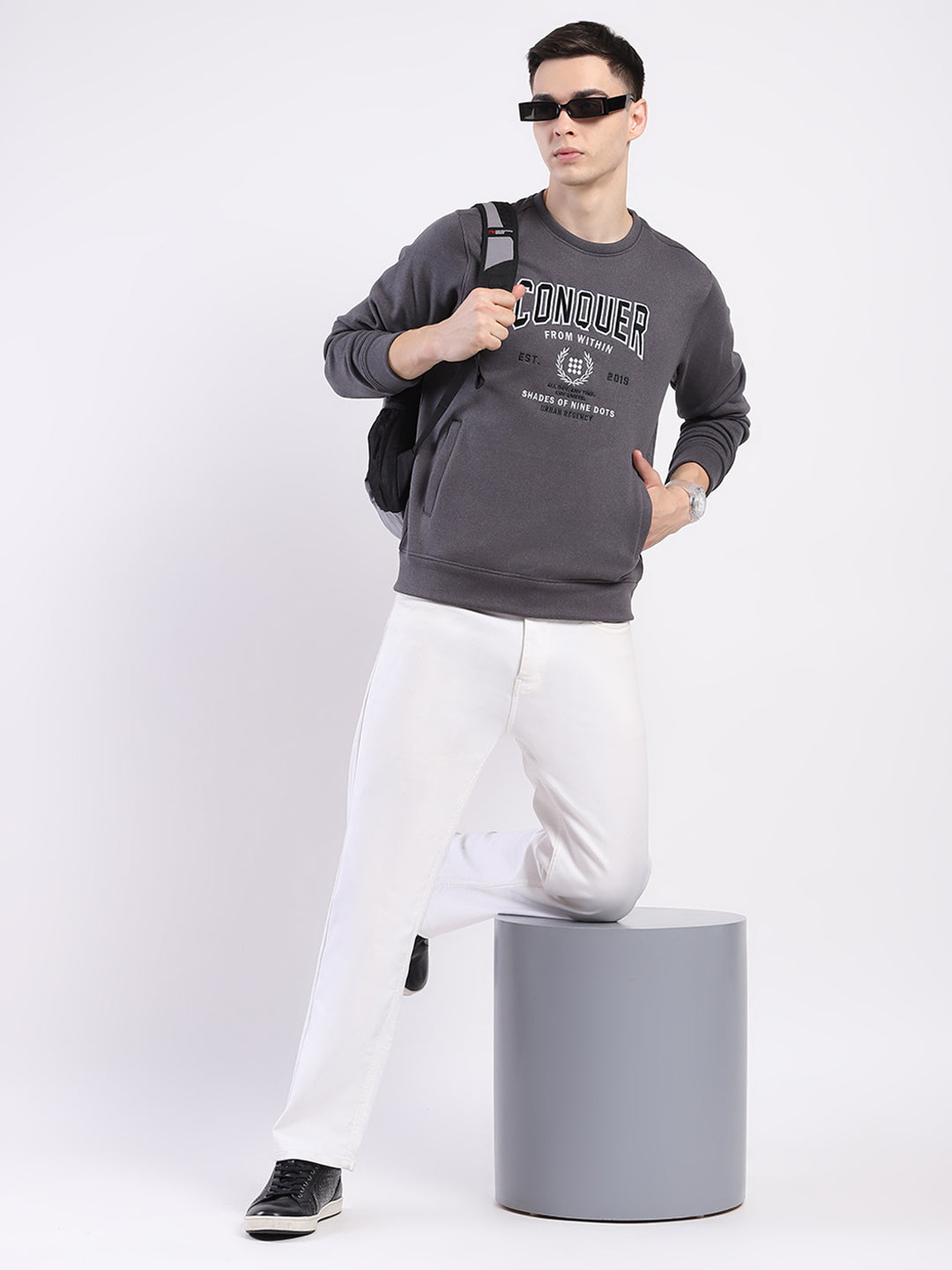 Rock.it Men Charcoal Printed Round Neck Full Sleeve Sweatshirt