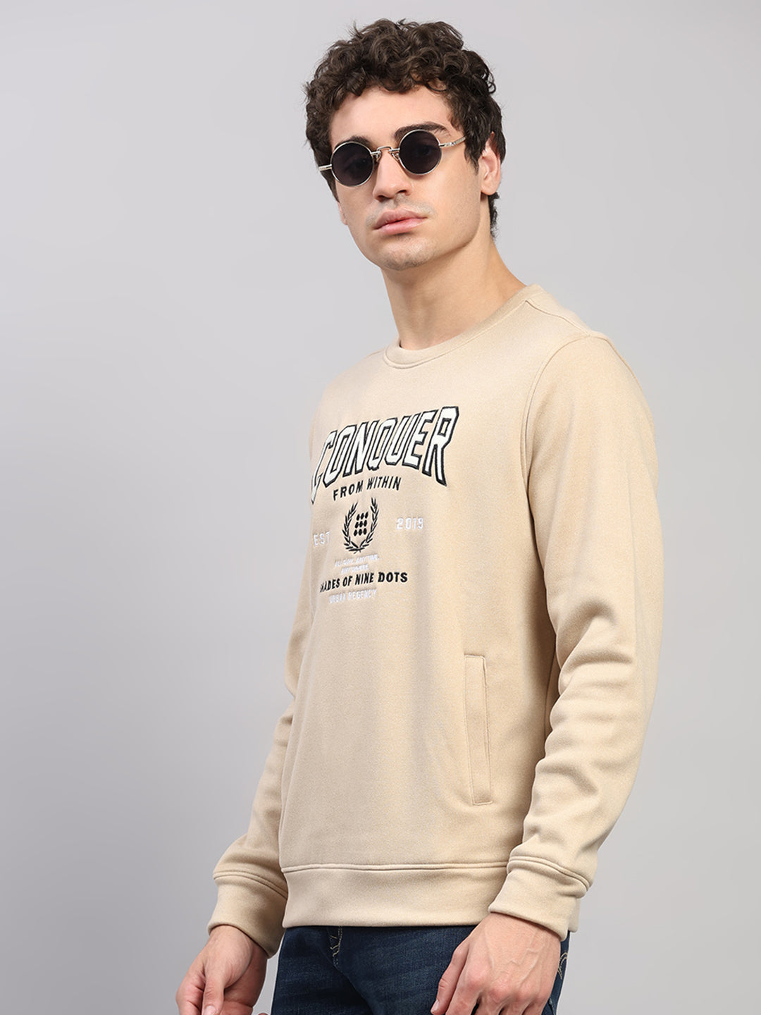 Rock.it Men Cream Embroidered Round Neck Full Sleeve Sweatshirt