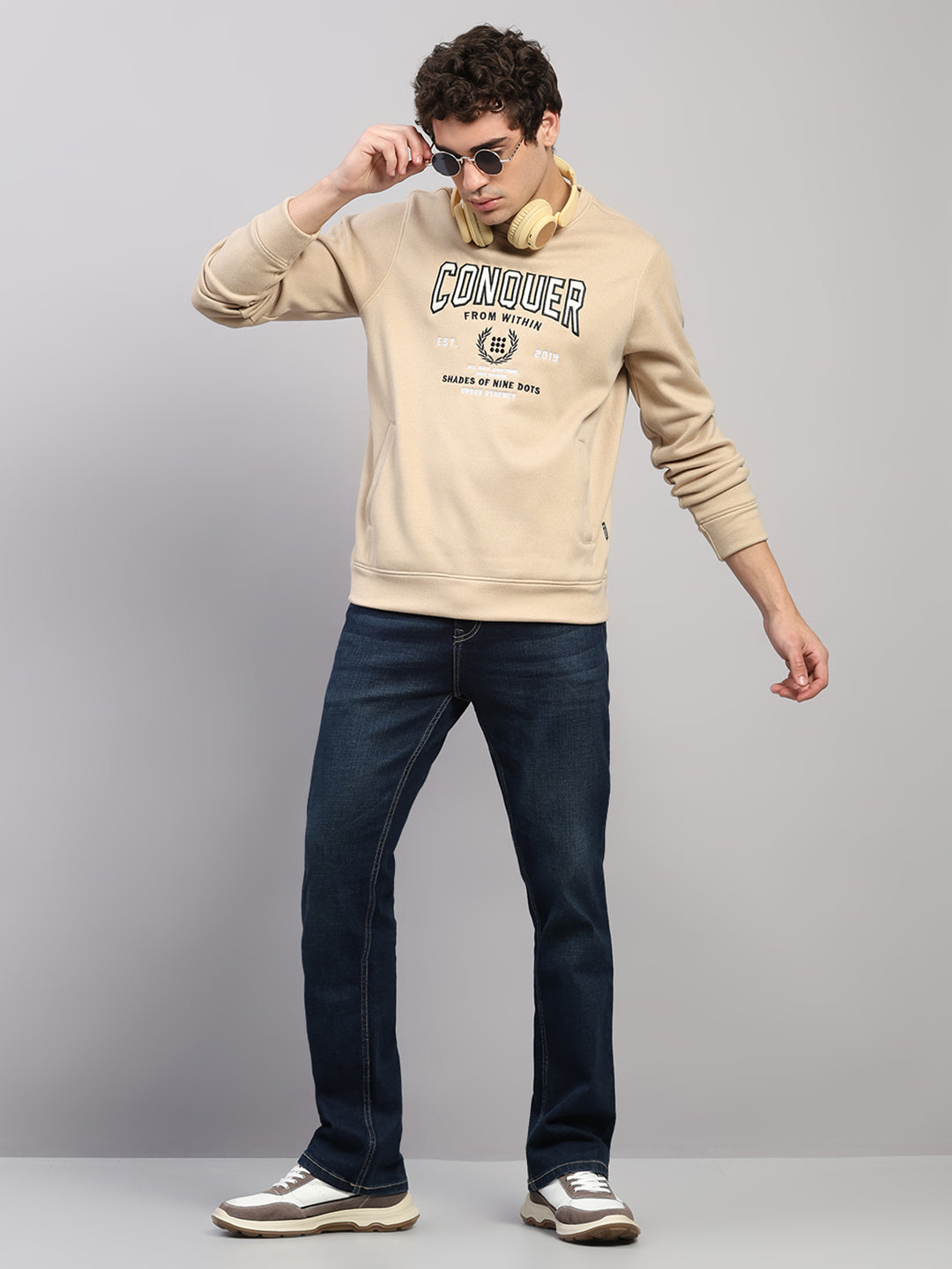 Rock.it Men Cream Embroidered Round Neck Full Sleeve Sweatshirt