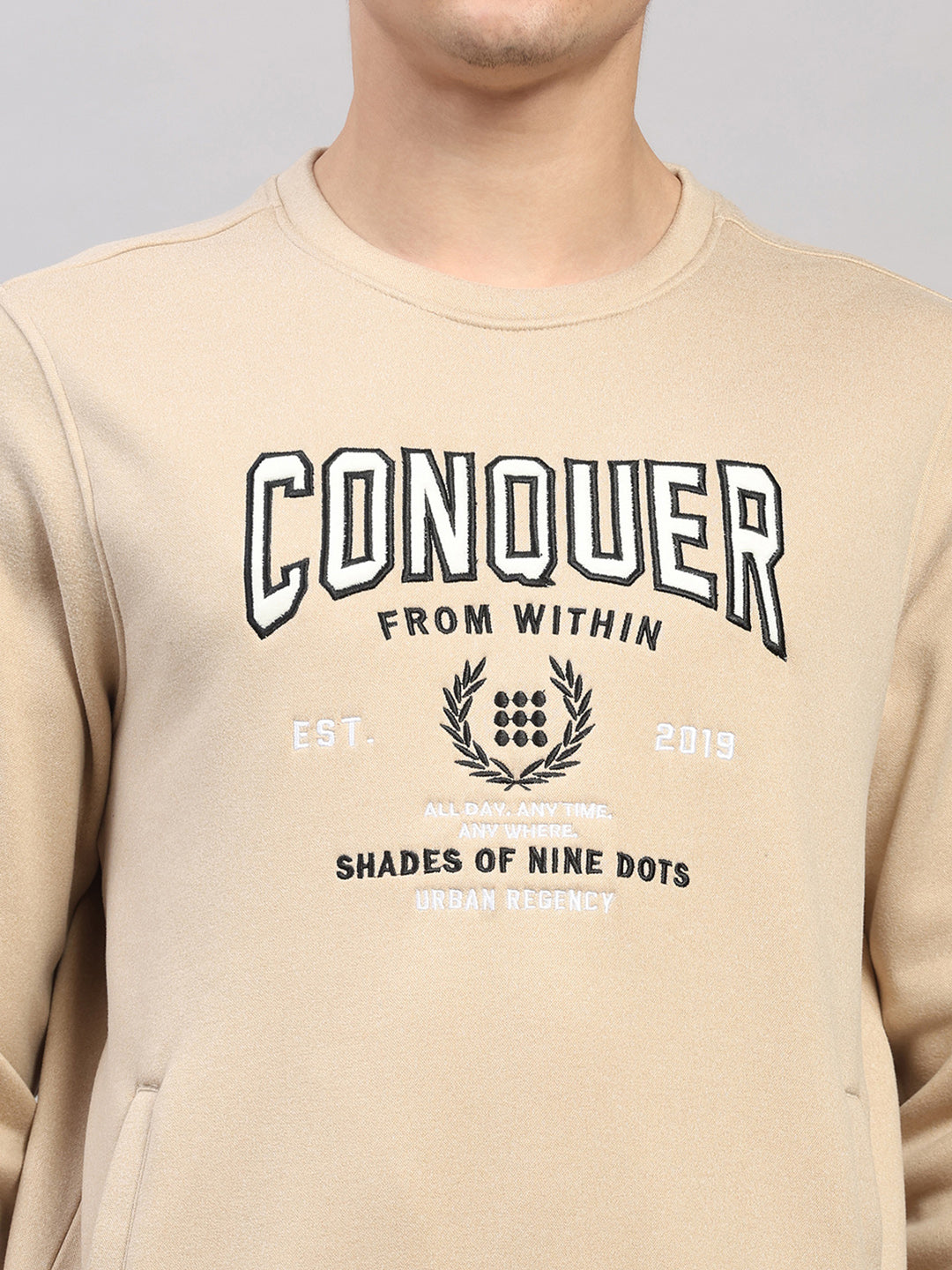 Rock.it Men Cream Embroidered Round Neck Full Sleeve Sweatshirt