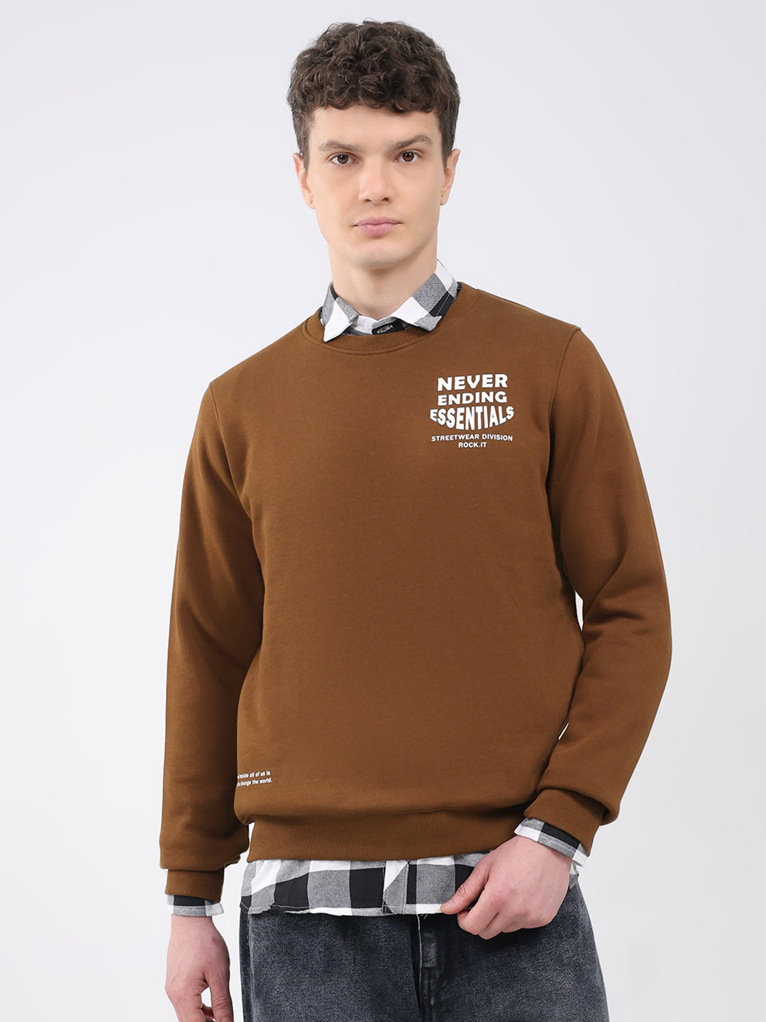 Rock.it Men Brown Printed Round Neck Full Sleeve Sweatshirt