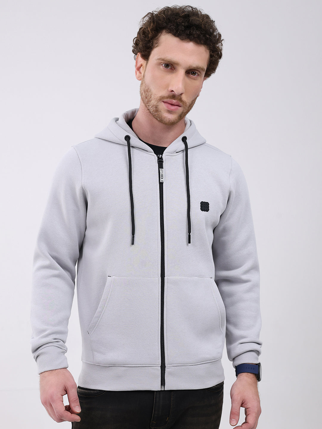 Rock.it Men Grey Solid Hooded Full Sleeve Sweatshirt