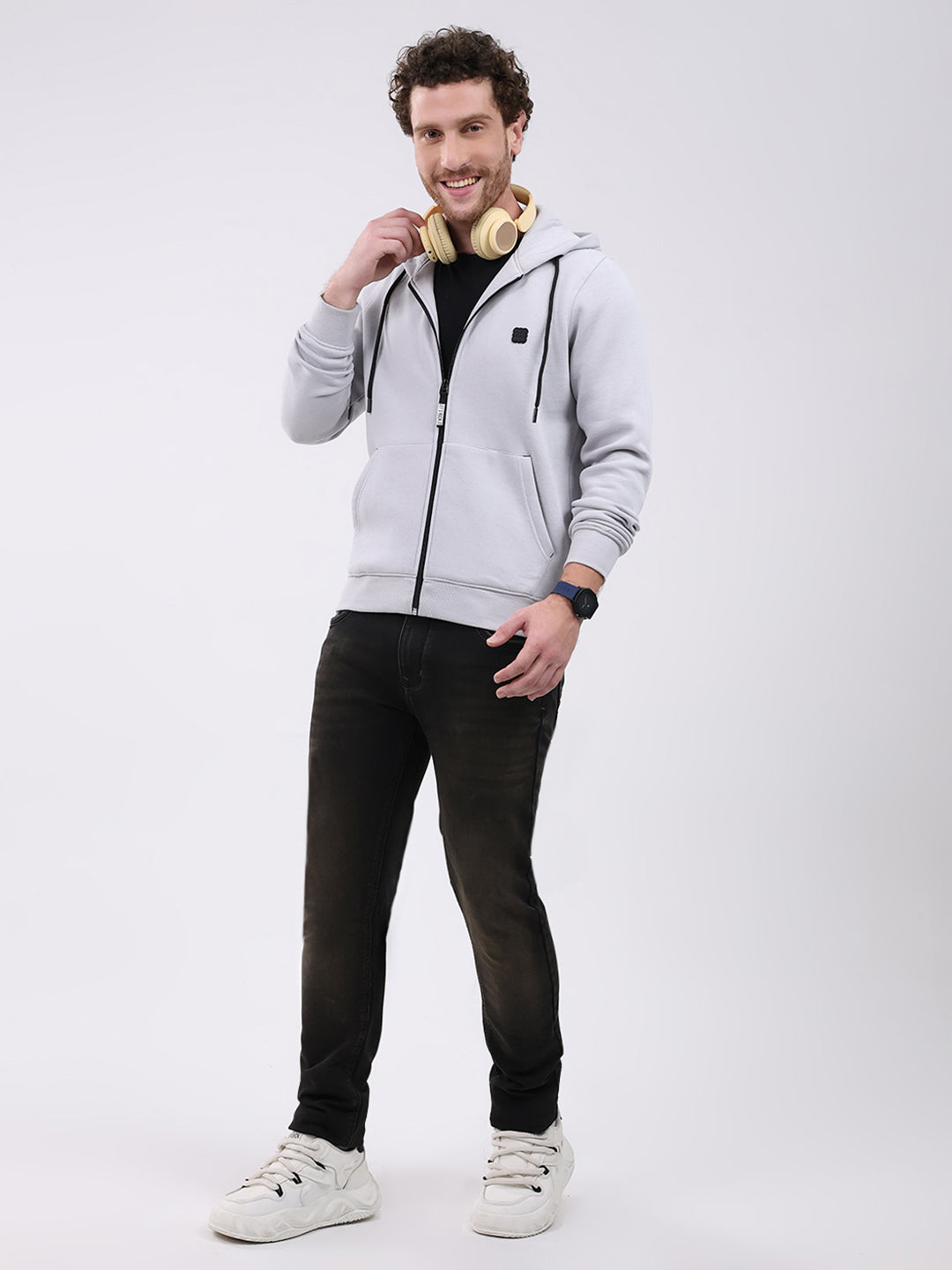 Rock.it Men Grey Solid Hooded Full Sleeve Sweatshirt