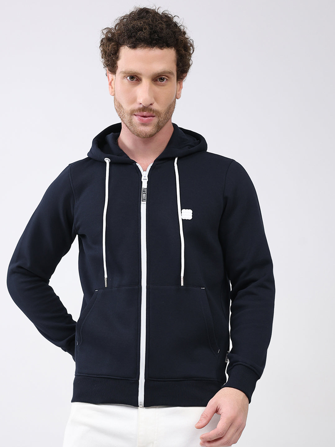 Rock.it Men Navy Blue Solid Hooded Full Sleeve Sweatshirt