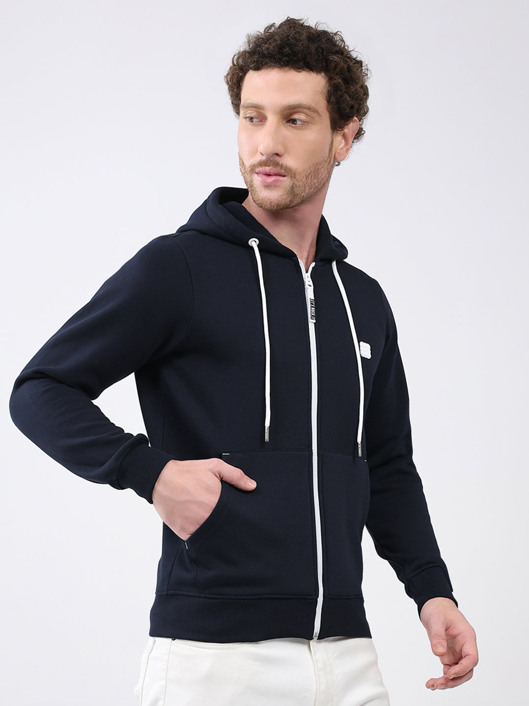 Rock.it Men Navy Blue Solid Hooded Full Sleeve Sweatshirt