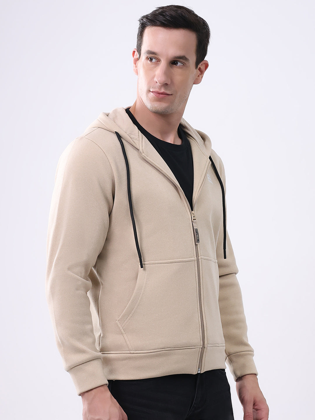 Rock.it Men Beige Solid Hooded Full Sleeve Sweatshirt