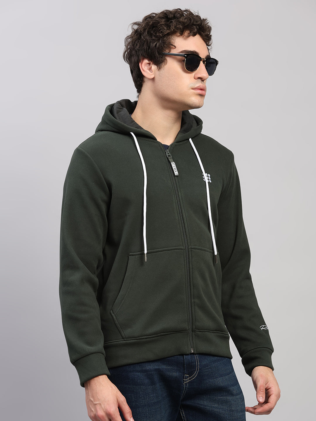 Rock.it Men Olive Solid Hooded Full Sleeve Sweatshirt