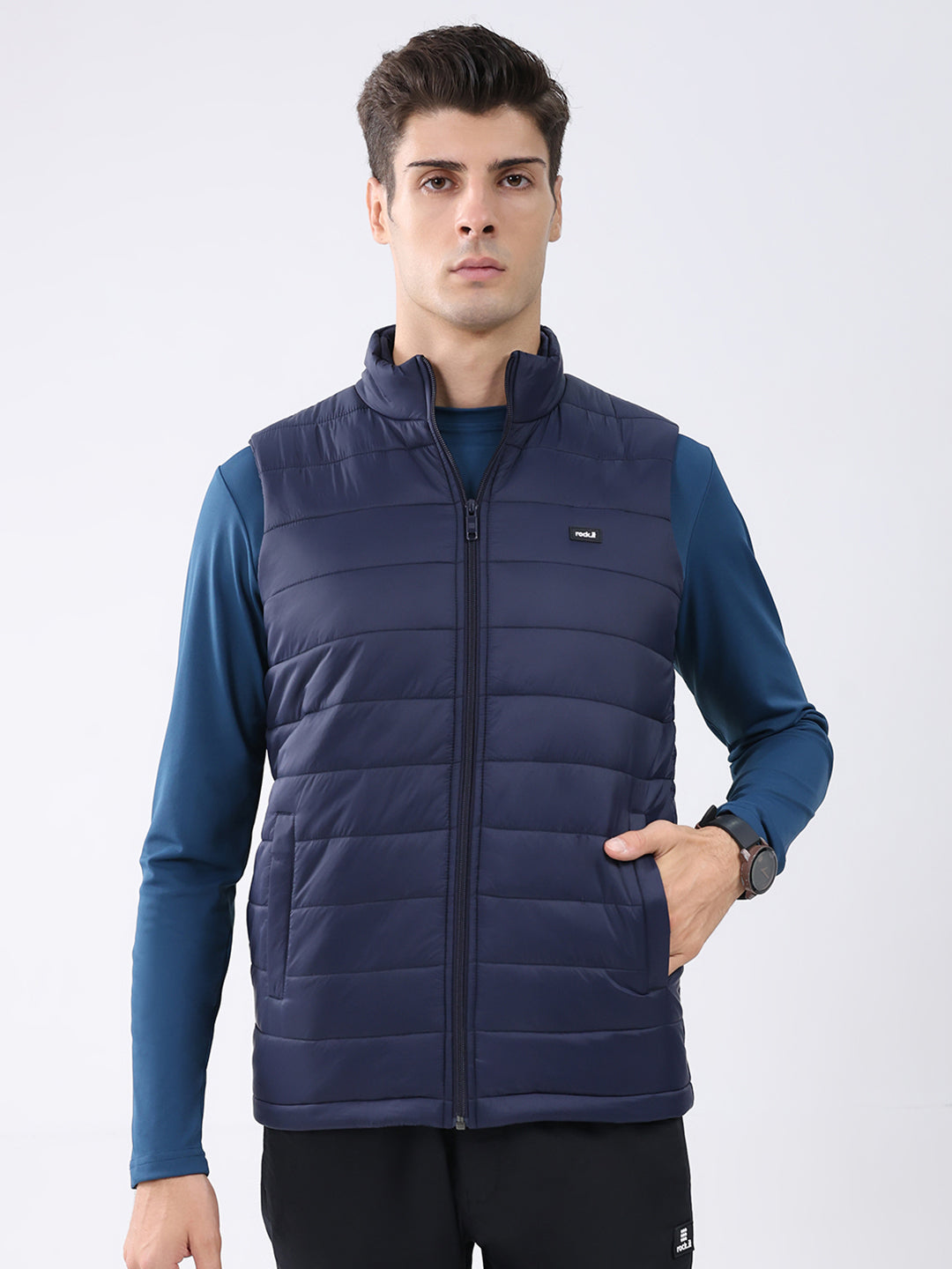 Rock.it Men Navy Blue Solid Collar Sleeveless Jacket