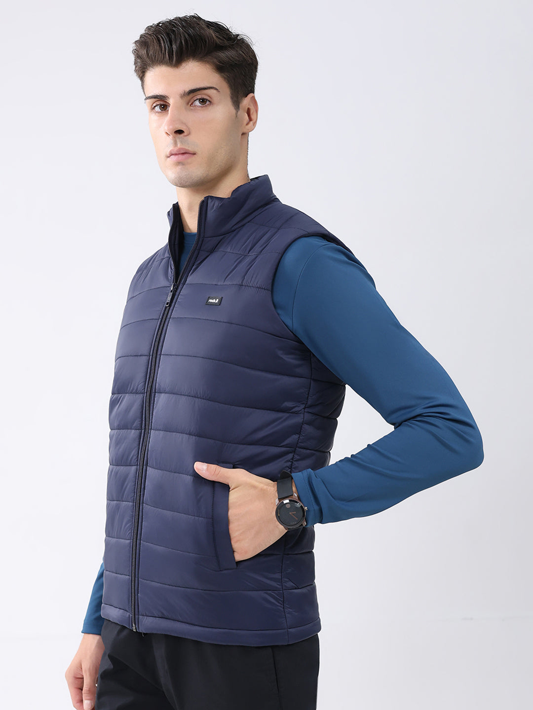 Rock.it Men Navy Blue Solid Collar Sleeveless Jacket