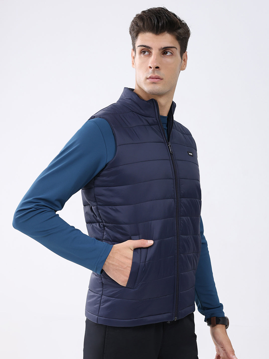 Rock.it Men Navy Blue Solid Collar Sleeveless Jacket