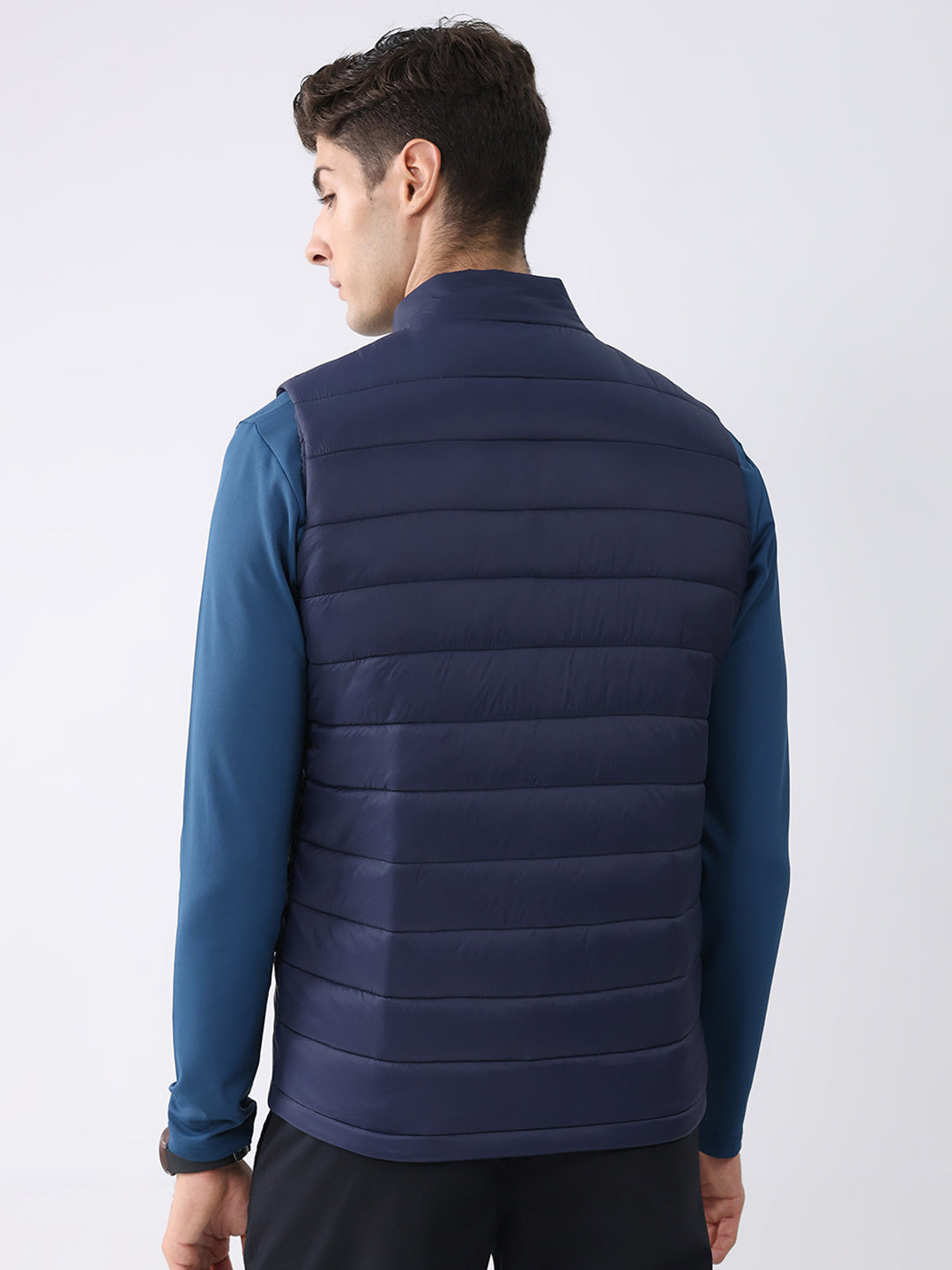 Rock.it Men Navy Blue Solid Collar Sleeveless Jacket