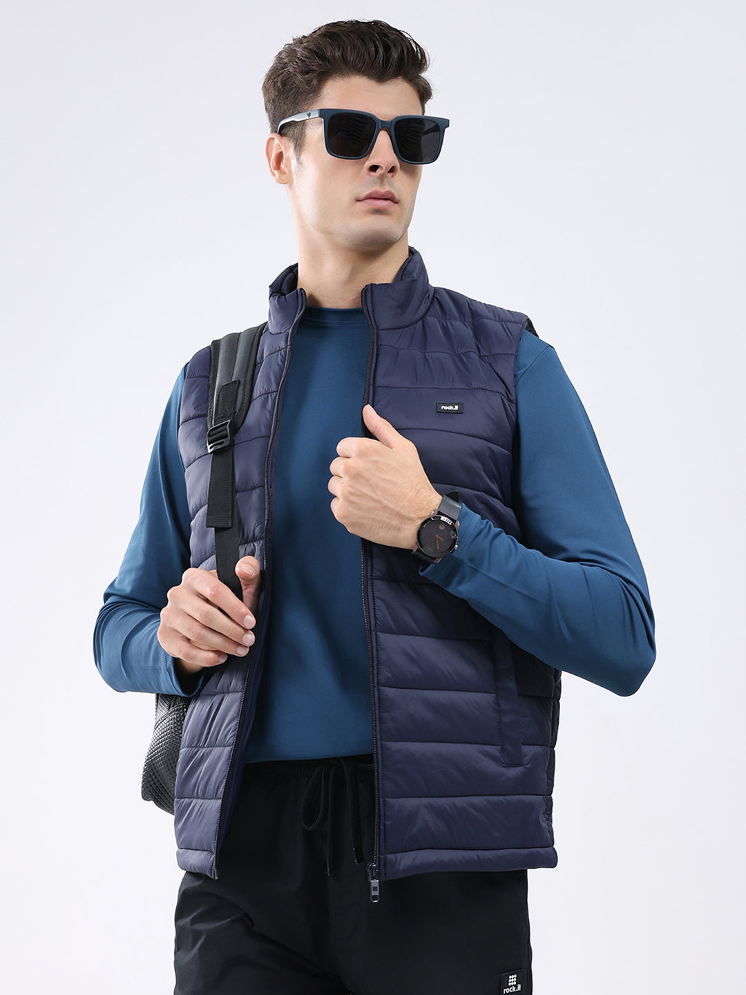 Rock.it Men Navy Blue Solid Collar Sleeveless Jacket